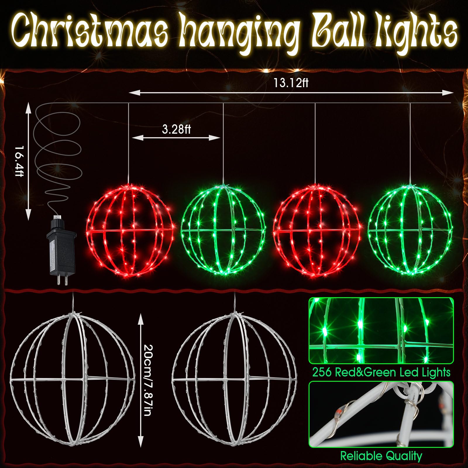 Leinuosen 4 Pack 7.87'' Outdoor Christmas Balls Lights Hanging Led Globe Lighted Xmas Metal Frame Ball Ornament Multicolor Spher