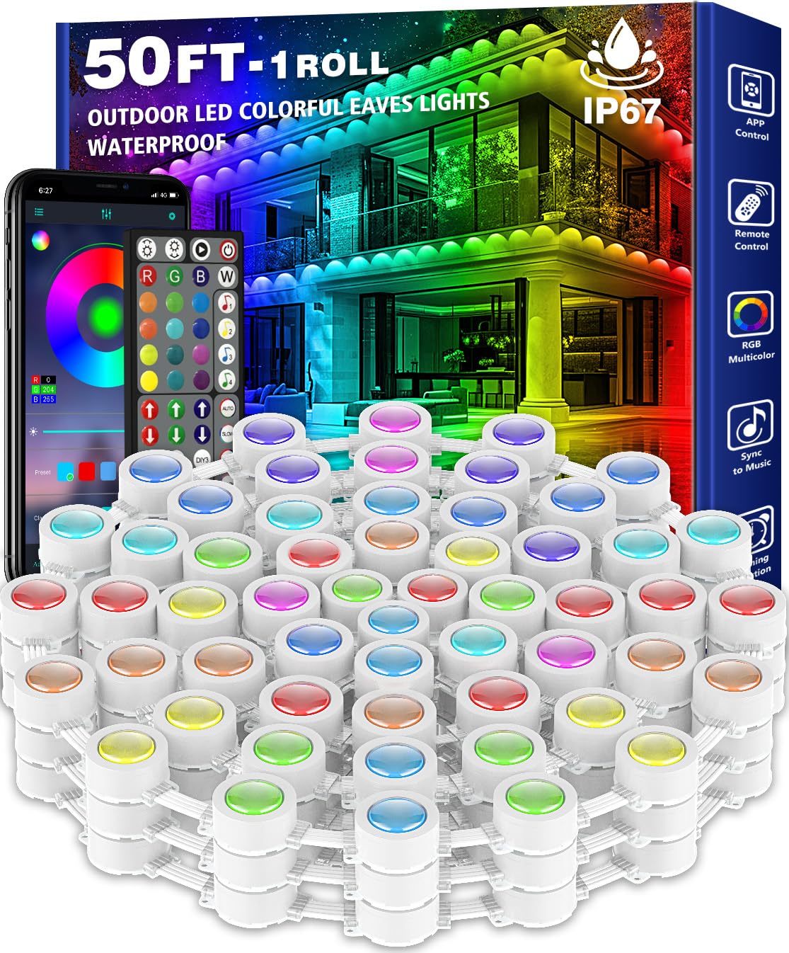 50FT Permanent Outdoor RGB Lights,Waterproof Smart LED Eaves Lights with App/Remote Control,for Christmas and All Holiday Decor,