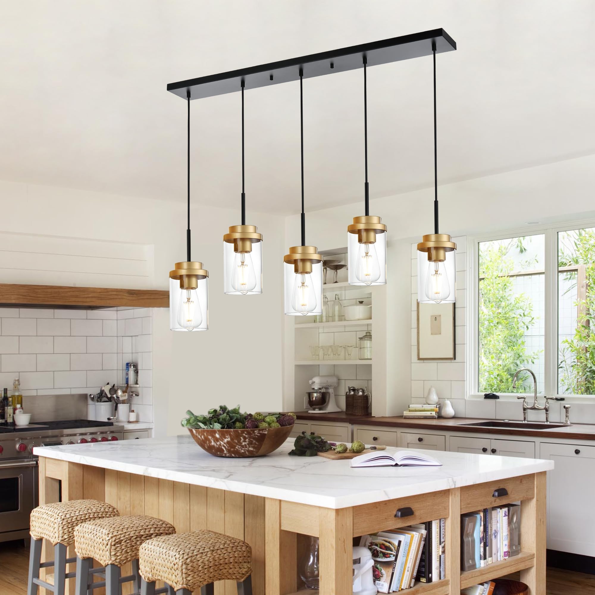 Melucee 5-Lights Adjustable Pendant Light, Black Brass, Modern Chandelier For Dining Room, 40.1 Inches, Clear Glass Shade, Model 4-4501-5D