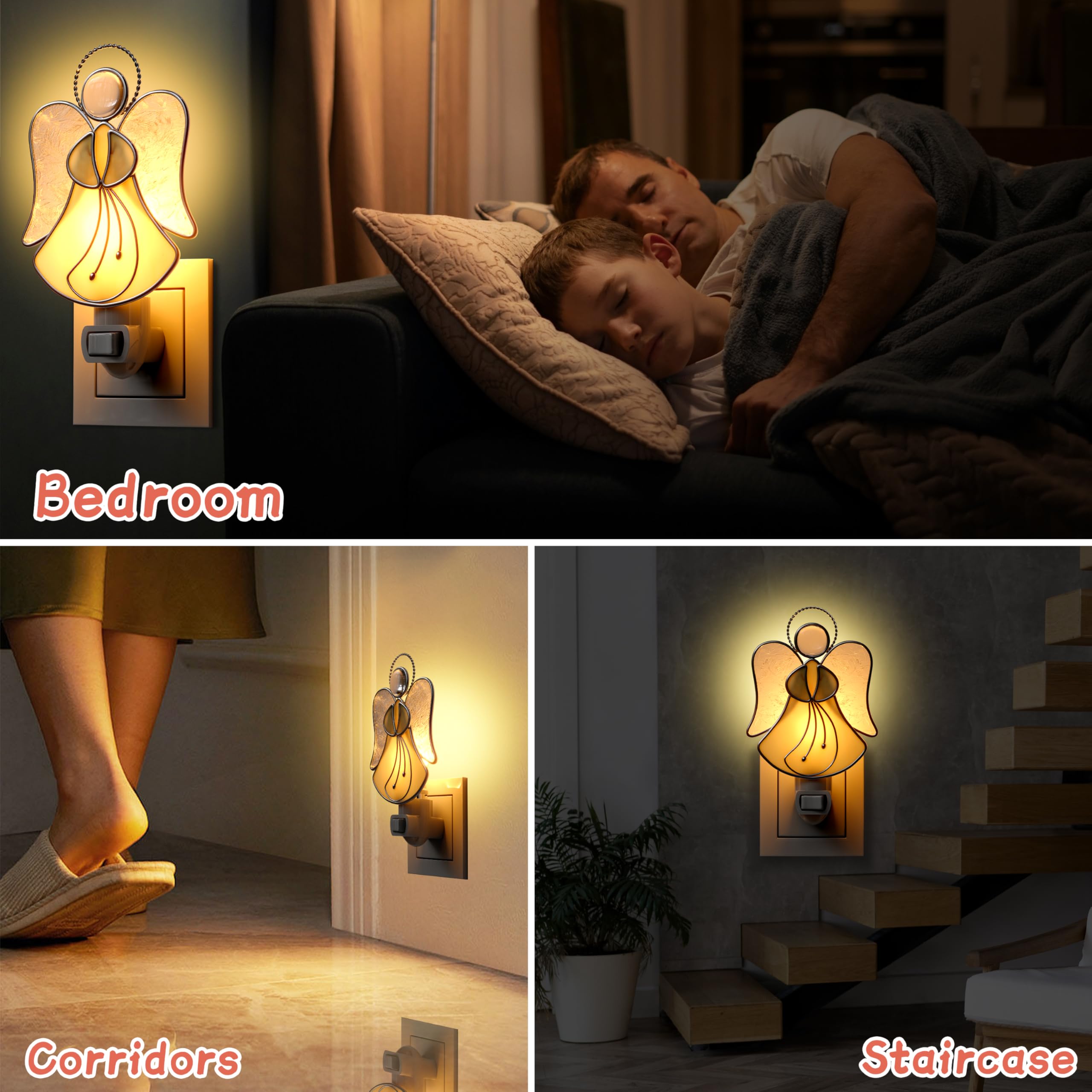 Kundgla Angel Night Light Plug Into Wall, Stained Glass Plug In Night Lights For Wall Socket, Decorative Nightlight For Bedroom Hallway Kitchen,Gift For Mom Mother`S Day Birthday Christmas Valentine