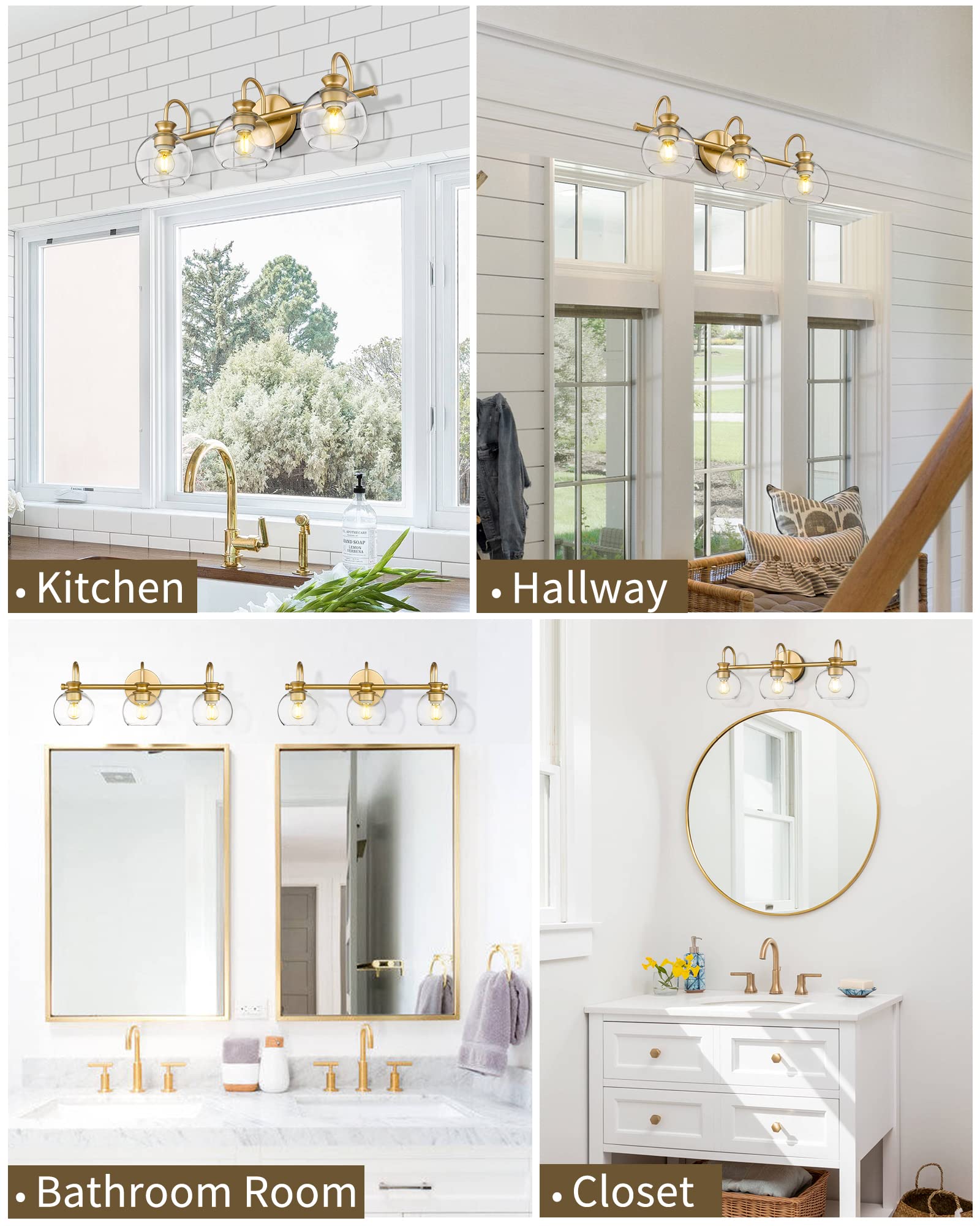 Hanass Gold 3-Light Globe Bathroom Vanity Light Fixture With Glass Shade, 21 Inch
