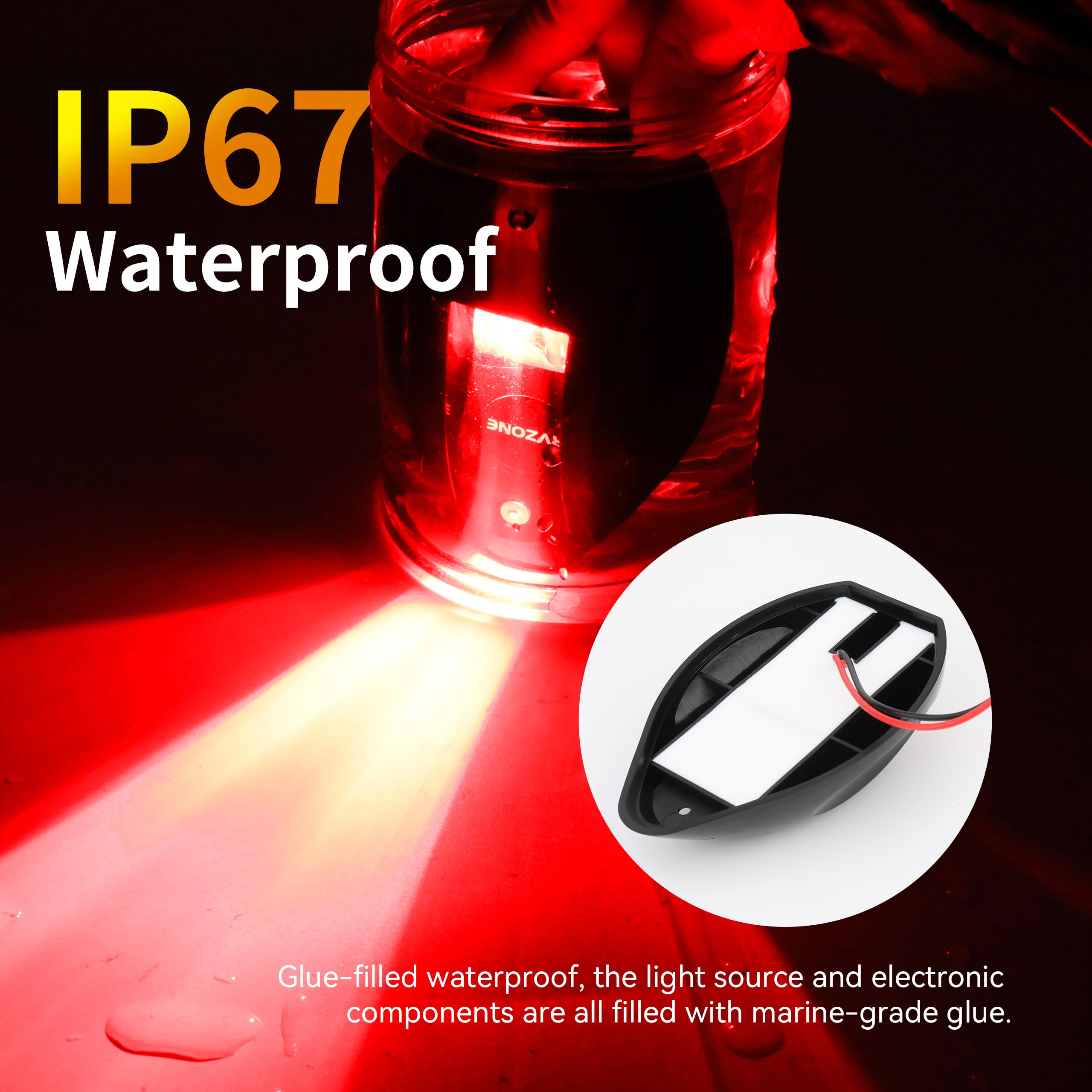 RVZONE LED Boat Navigation Lights - Red & Green IP67 Waterproof Bow & Stern Lights for Pontoon & Yacht - Black Model RFNB2PK01