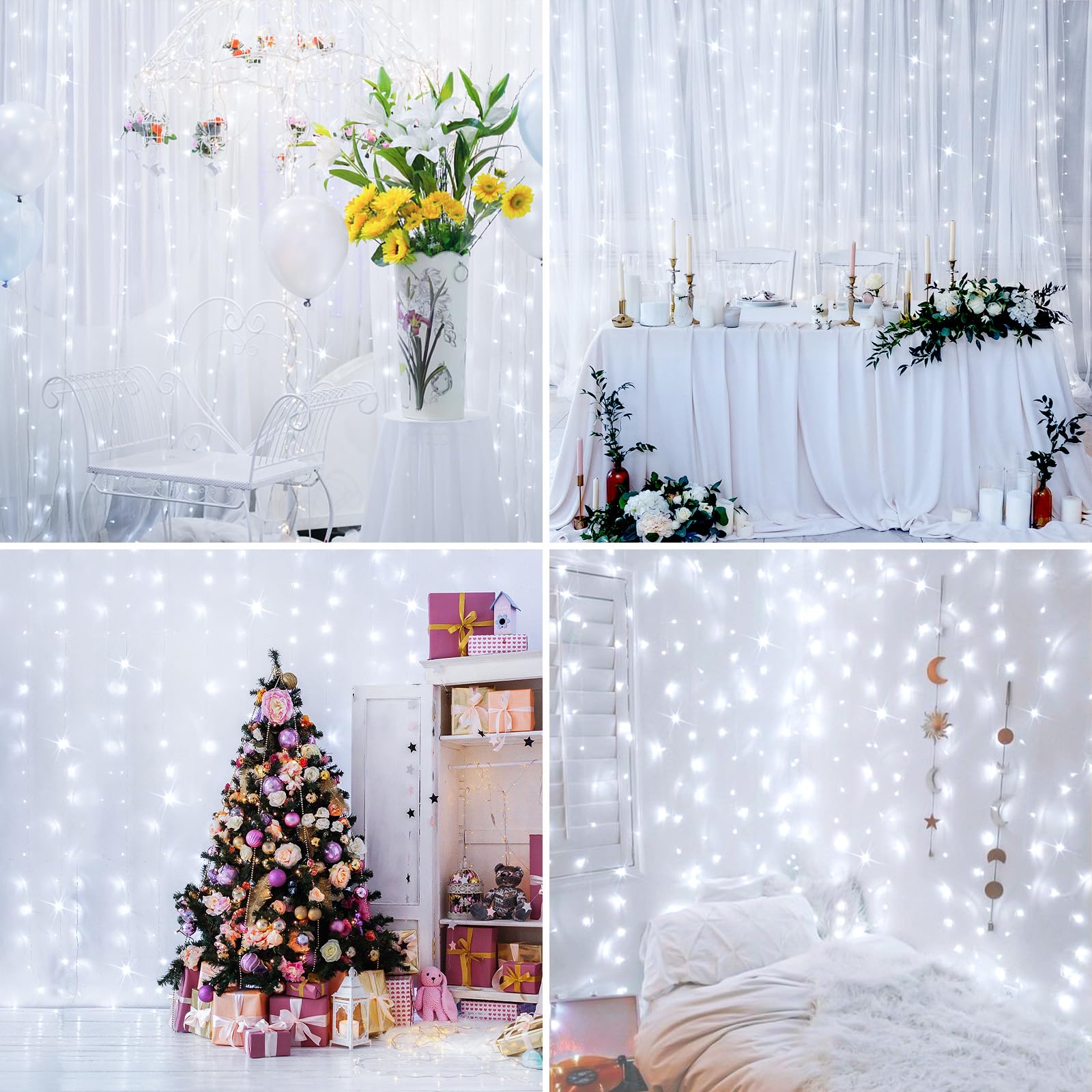 suddus White Curtain Lights - 200 LED Twinkle String Lights with Remote, 8 Modes, USB Plug-in, 6.5ft x 6.5ft for Wedding & Party Decor
