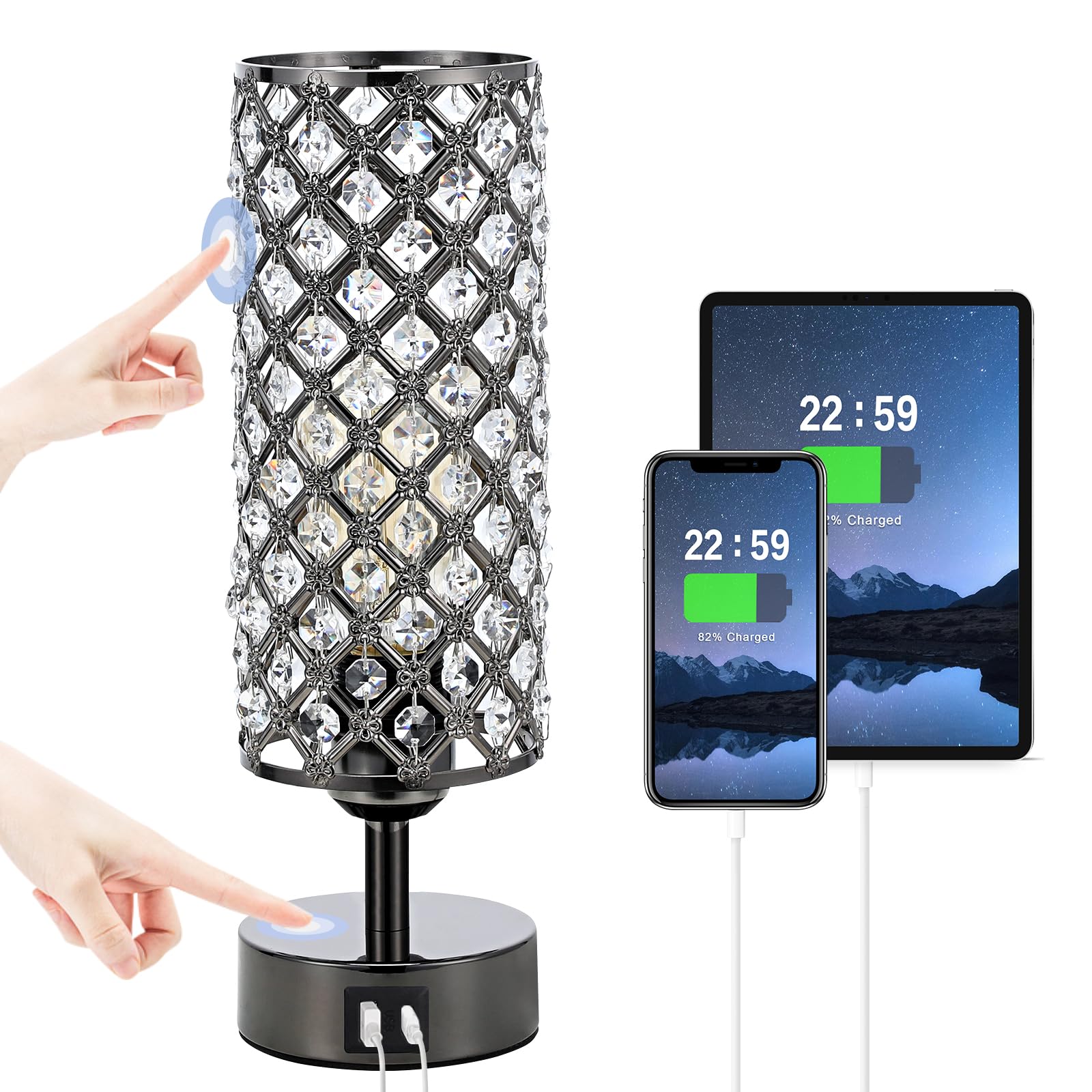 Hong-in Crystal Table Lamp, Black Crystal Lamp with USB C+A Ports, 3 Way Dimmable Light with Crystal Lampshade, Bedside Lamp Sma