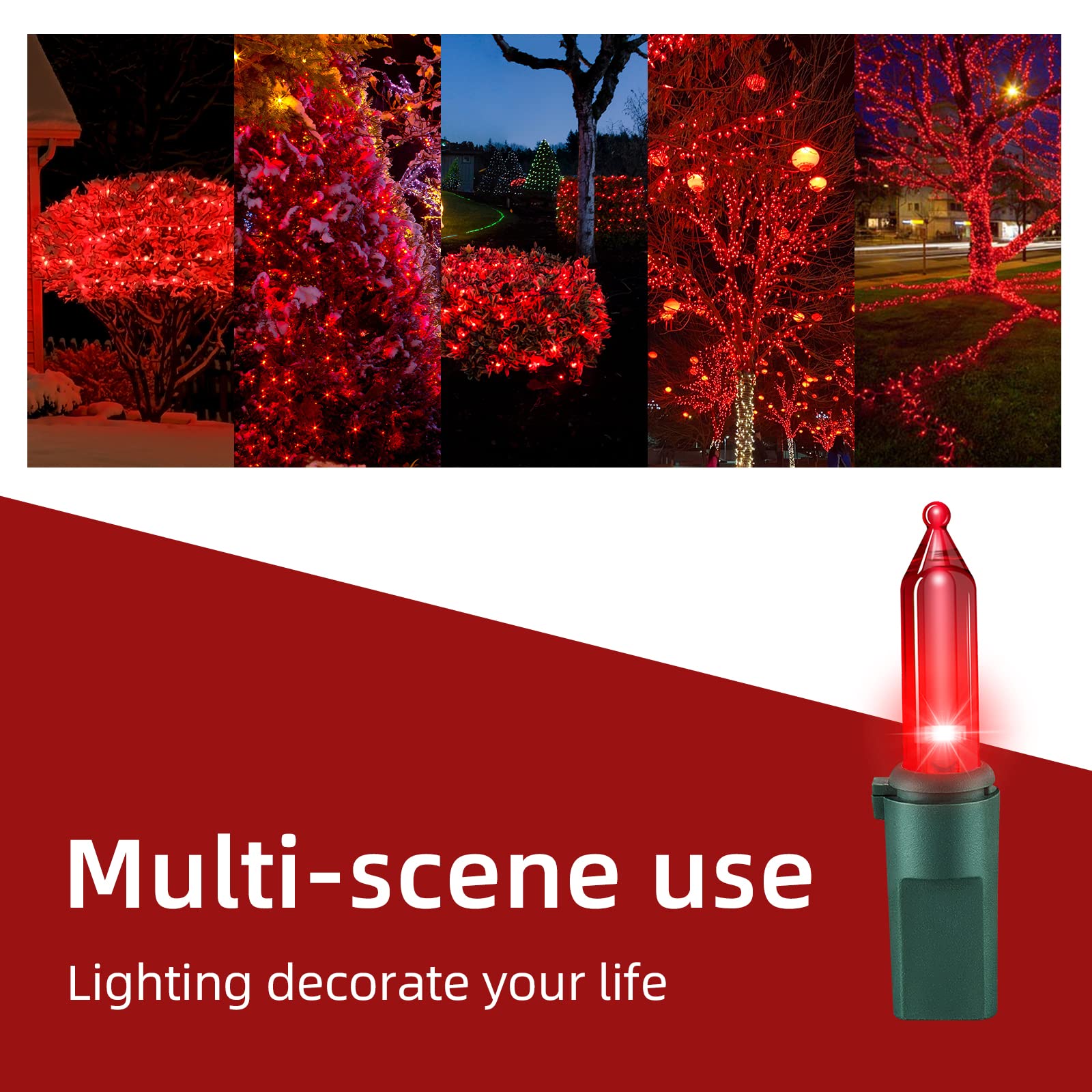 Xmashome 19.6Ft Green Wire Red String Lights, 100 Count Incandescent Christmas Lights