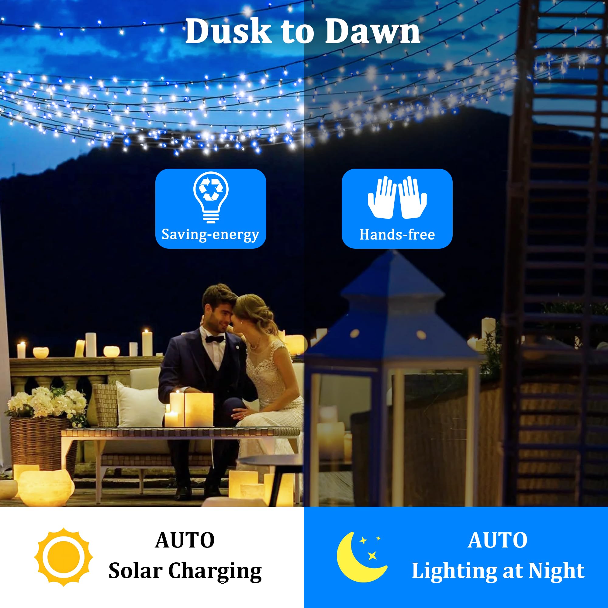 2-Pack 200Ft Solar String Lights For Outside, 600 Led Extra-Bright Solar Light Outdoor With 19 Modes & Timer, Waterproof Fairy Solar Lights For Garden Patio Tree Christmas Decorations Blue & White