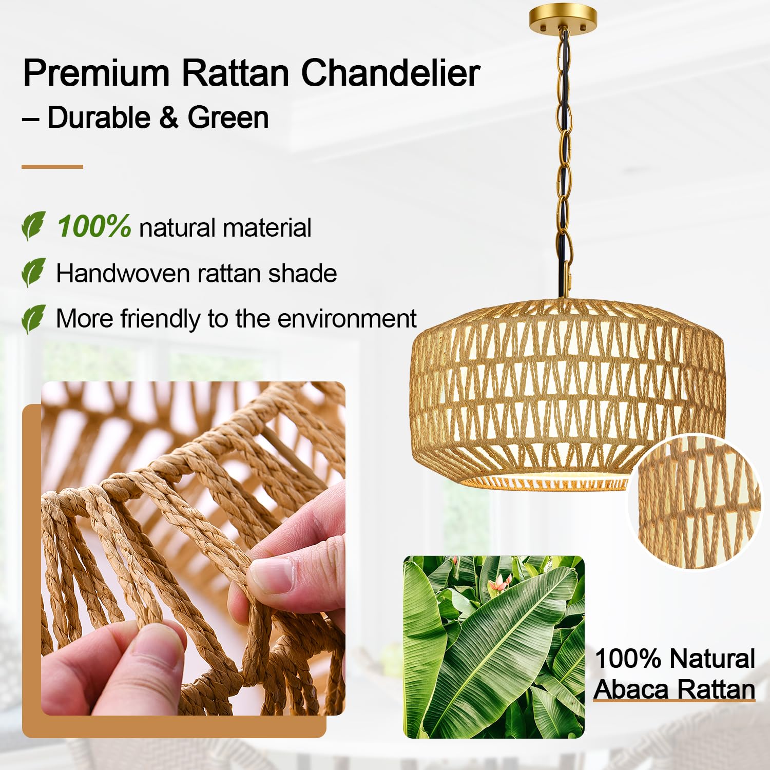 Lynnoland 19" Hand-Woven Rattan Chandelier Light Fixture, 5-Light Rustic Pendant, Gold, for Dining Room, Kitchen, Bedroom, Foyer