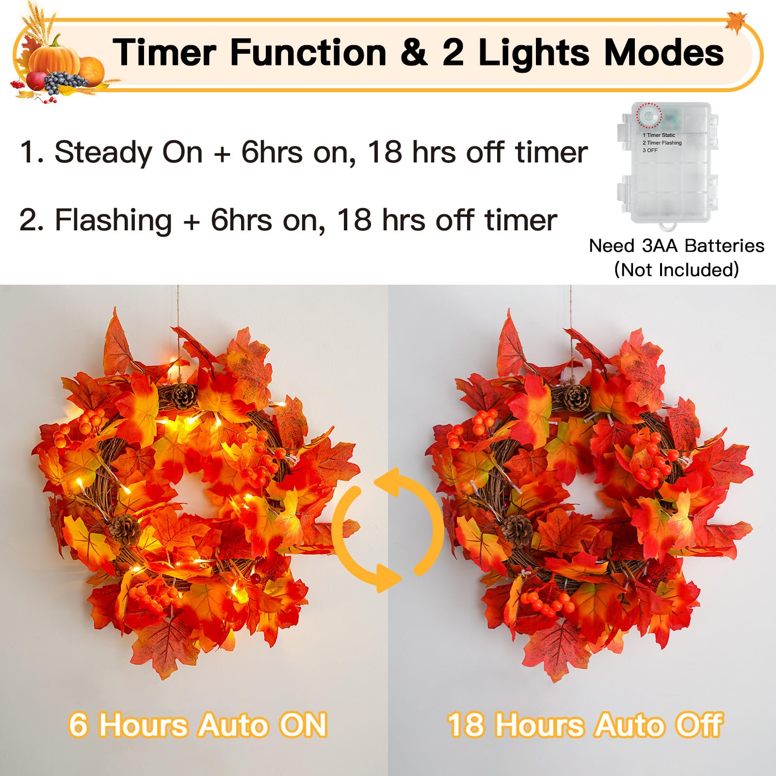 Suddus Fall Garland With Lights Battery Operated, 6.56Ft 20 Led Lighted Orange Fall Leaf Garland, Fairy String Lights For Thanksgiving Decor, Table, Mantle, Office, Porch, Halloween, Home Decoration