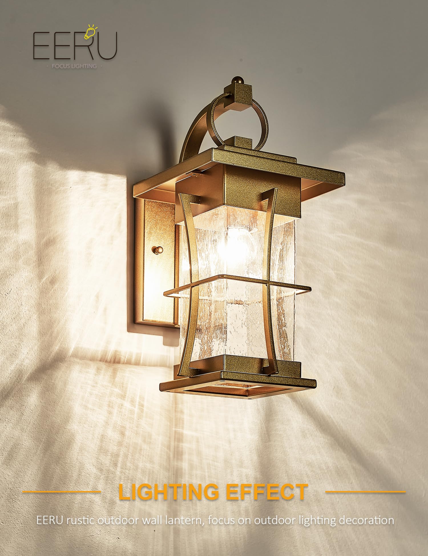 EERU Gold Outdoor Wall Lantern with Photocell Sensor, Large Metal Sconce, Waterproof, Seeded Glass for House, Patio, Garage