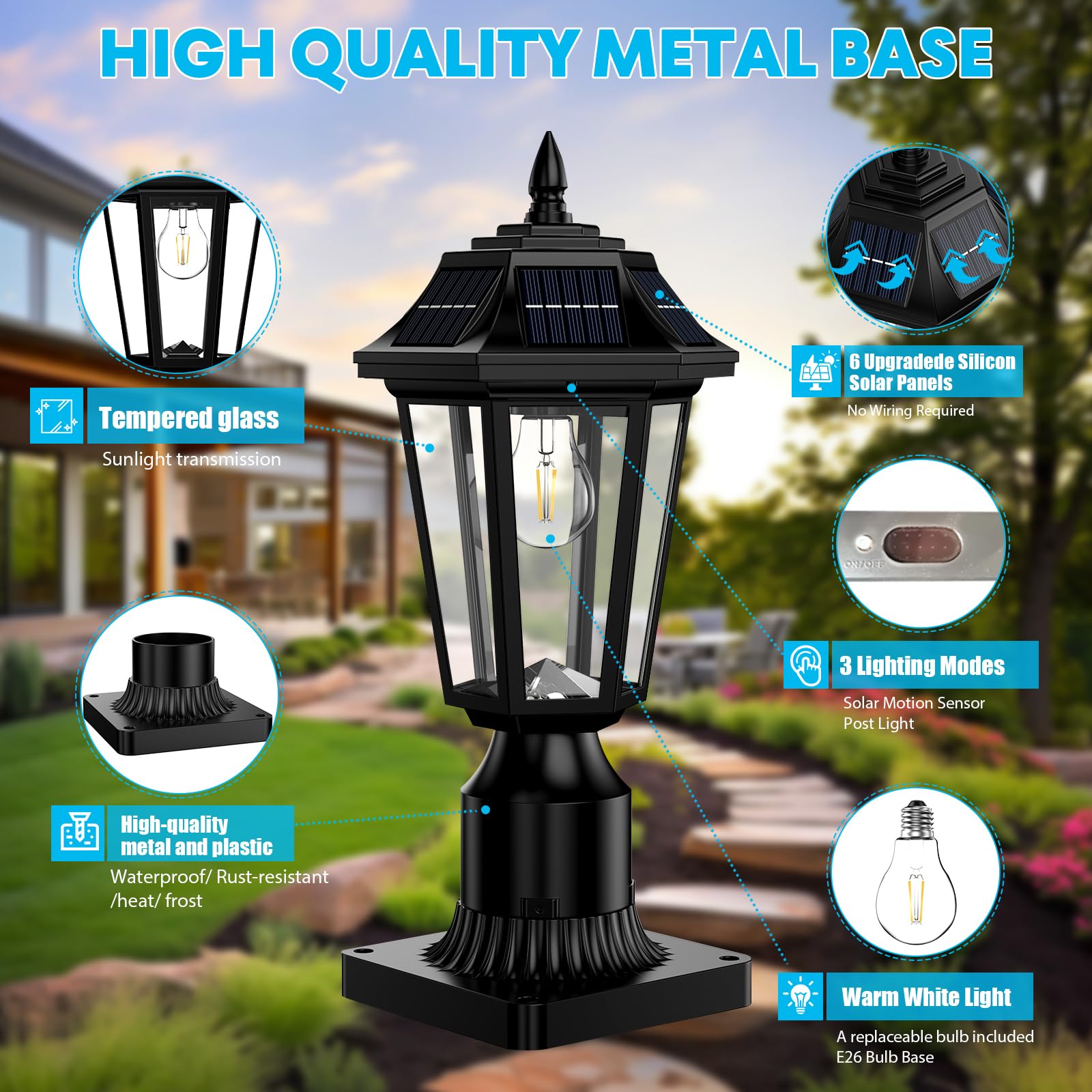 Hameso Solar Post Lights With Mount Base, Outdoor Solar Lamp Post Lights Waterproof - 3 Modes (6000K Cool White) With Motion Sen