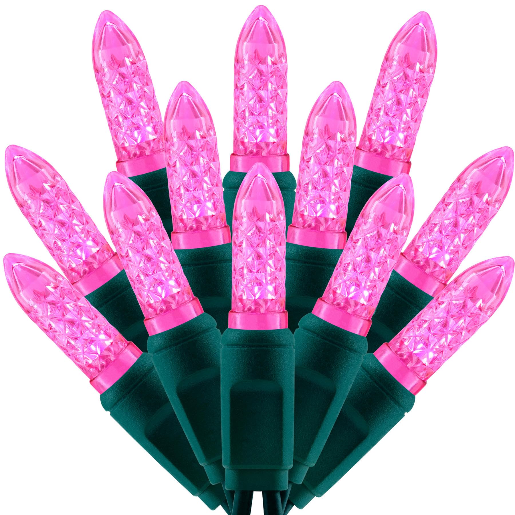 SWEET SHINE LED Christmas Lights, 33 ft Green Cord, Waterproof, M6 Model, Pink Faceted One-Piece String Lights
