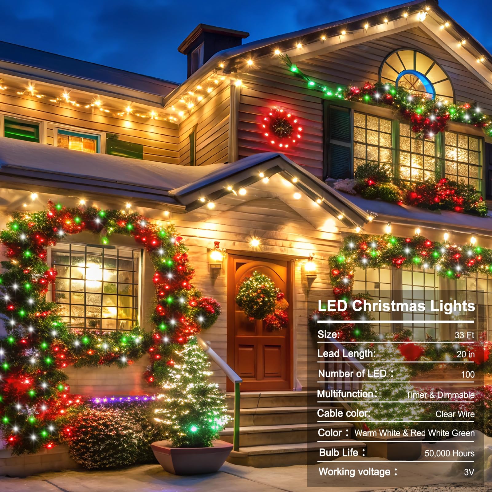 Echosari Battery Operated Christmas Red White Green String Lights, Dual Color Changing 100 Led Fairy Lights 33Ft With Remote Timer Christmas Lights For Xmas Tree Festive Decorations