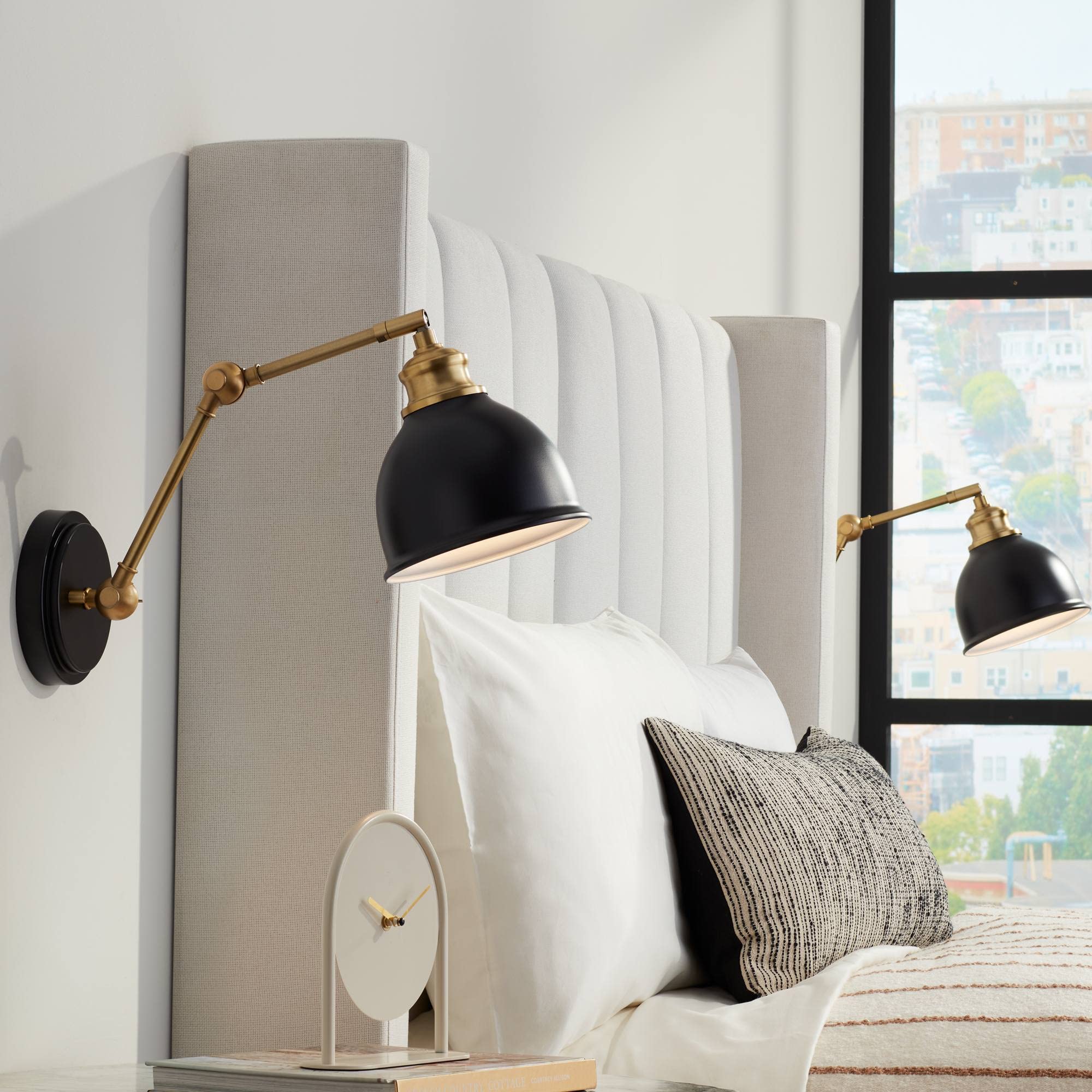 Barnes and Ivy Sania Modern Adjustable Swing Arm Wall Lamps Set of 2 Black Brass Hardwire Light Fixture Up and Down Metal Shade 