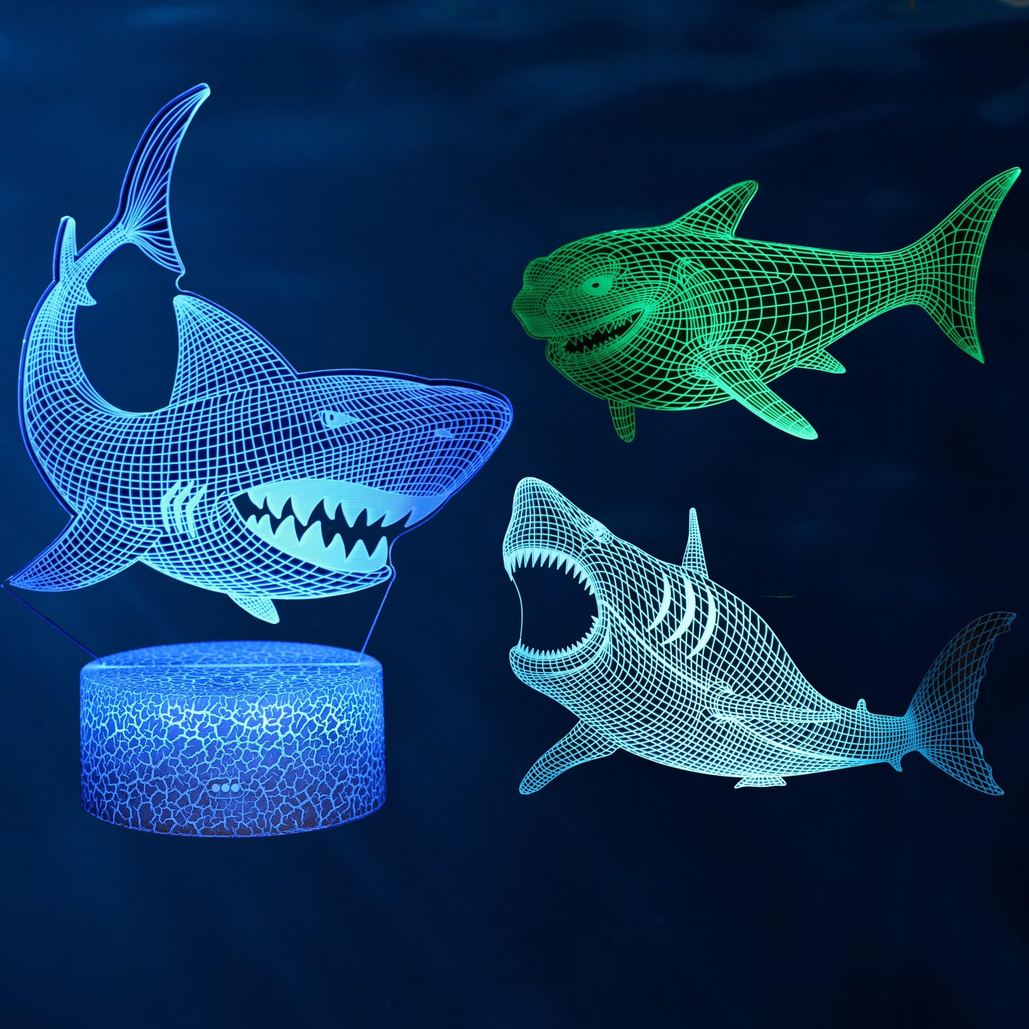 Kenmaca Sharks Night Light for Kids Boy Girl Bedroom, 3D Illusion Lamp 3 Patterns 16 Colors Changing Dimmable Room Decor, Touch 