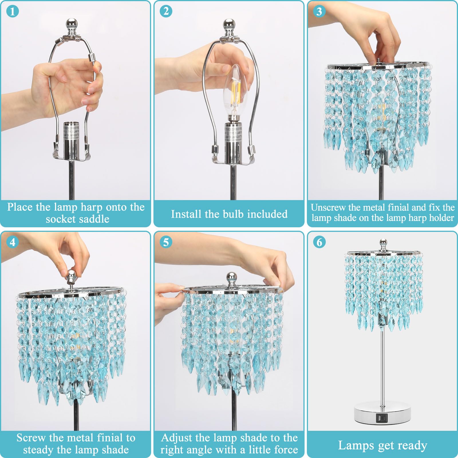 Boncoo Crystal Table Lamp, Teal Shade, Touch Control, 3-Way Dimmable, Metal, Dual USB Ports, LED Bulb Included