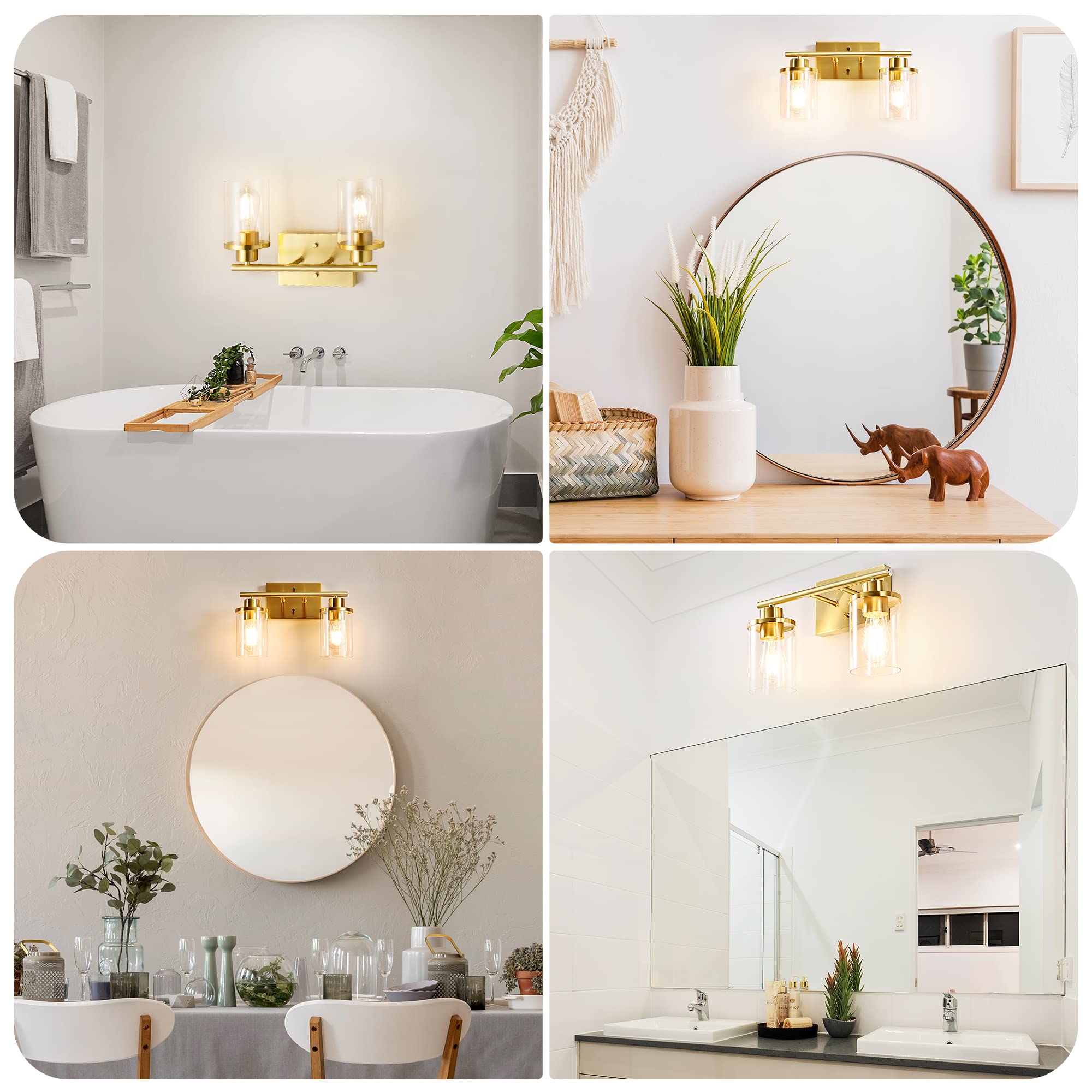 EDISHINE Bathroom Light Fixtures, 2-Light Gold Bathroom Vanity Light, Modern Wall Sconces with Clear Glass Shades for Bathroom,