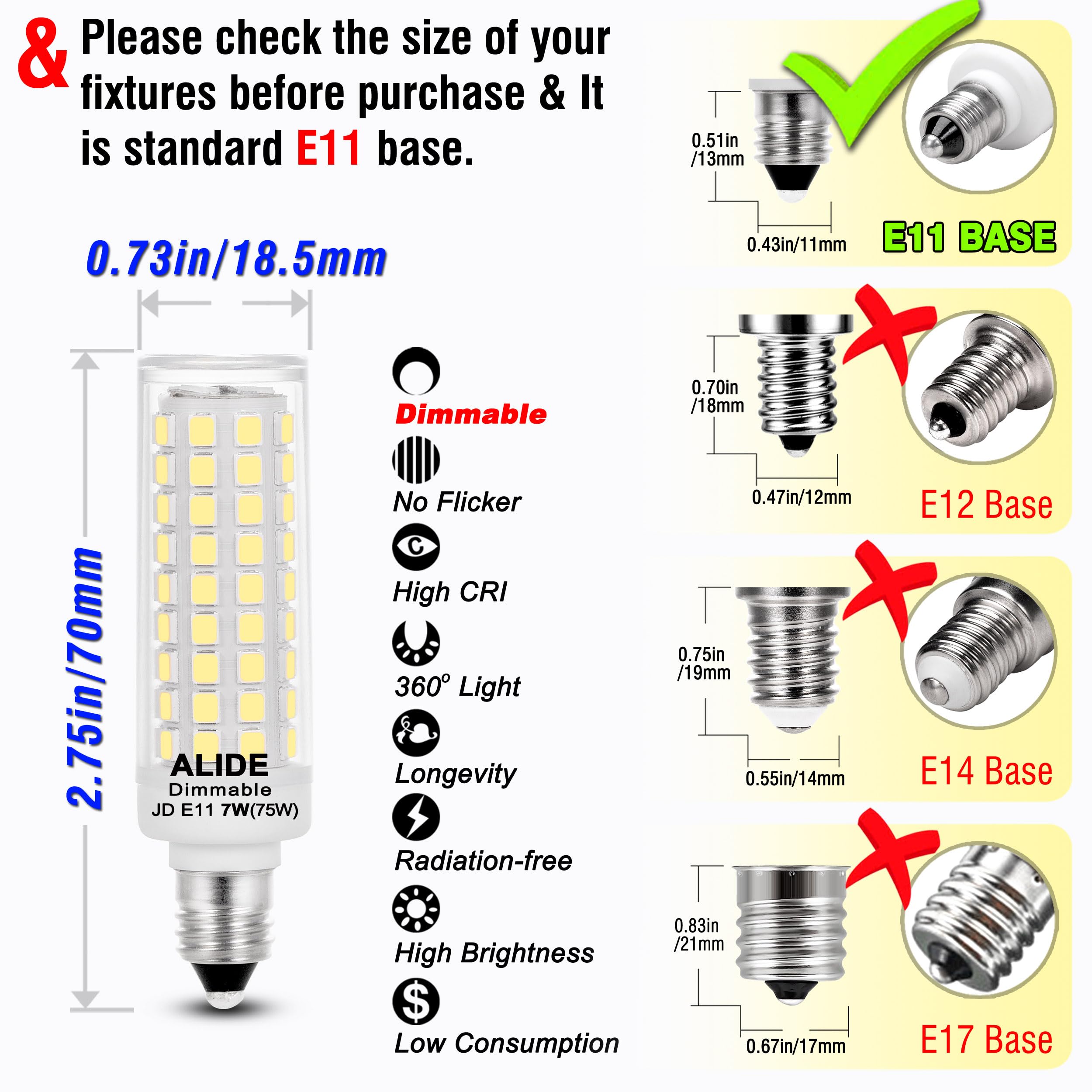 ALIDE E11 Led Bulbs 75W Halogen Equivalent, Dimmable, 6000K Daylight White, 750lm, 4-Pack, for Chandeliers & Ceiling Fans