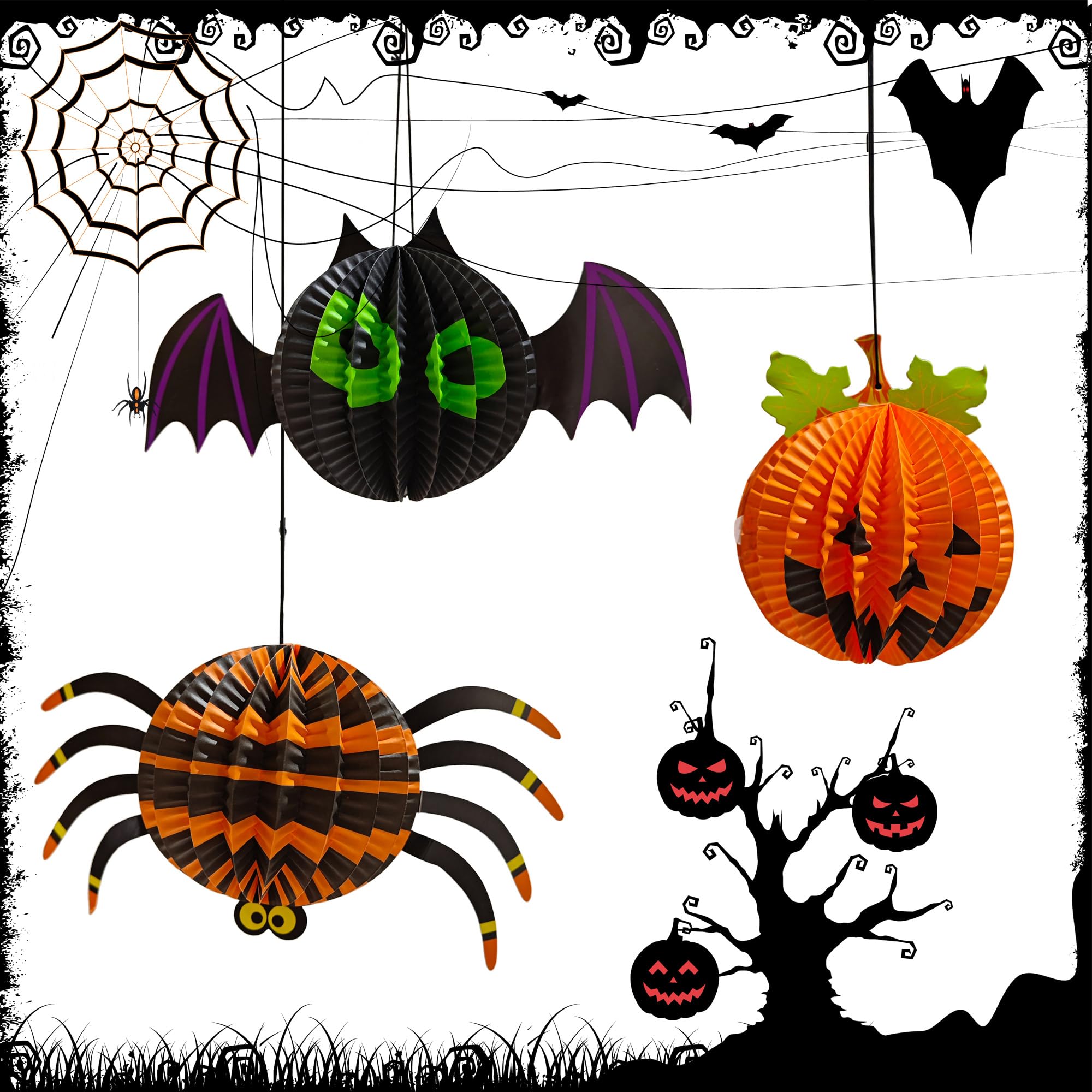 AIMI Halloween Party Decorations 6 Pack, Large 12-20Inch Hanging Paper Lanterns 3D Folding Pumpkins Spiders Ghosts Bats Hallowee