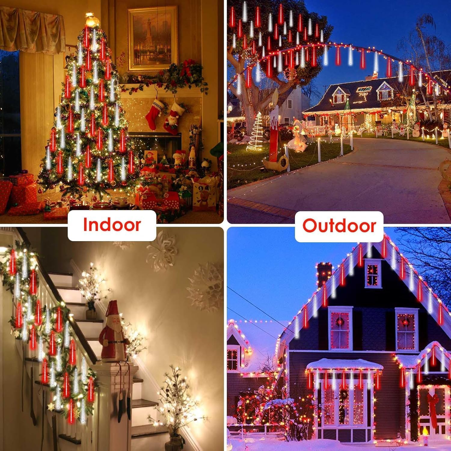EXF Solar Meteor Shower Lights, 384LED Icicle String Light, 1 Pack Solar Powered, Waterproof, Red and White, Model MSL-01