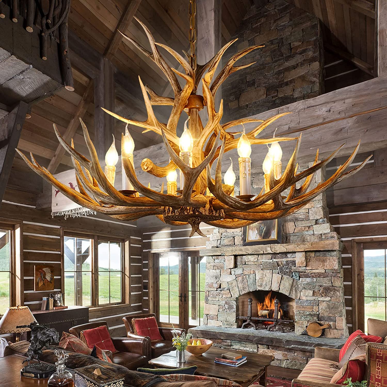 AUNLPB 8-Light Antler Chandelier, Rustic Deer Horn Light Fixture, Brown Resin, 14 Arms for Dining Room, Kitchen, Cafe
