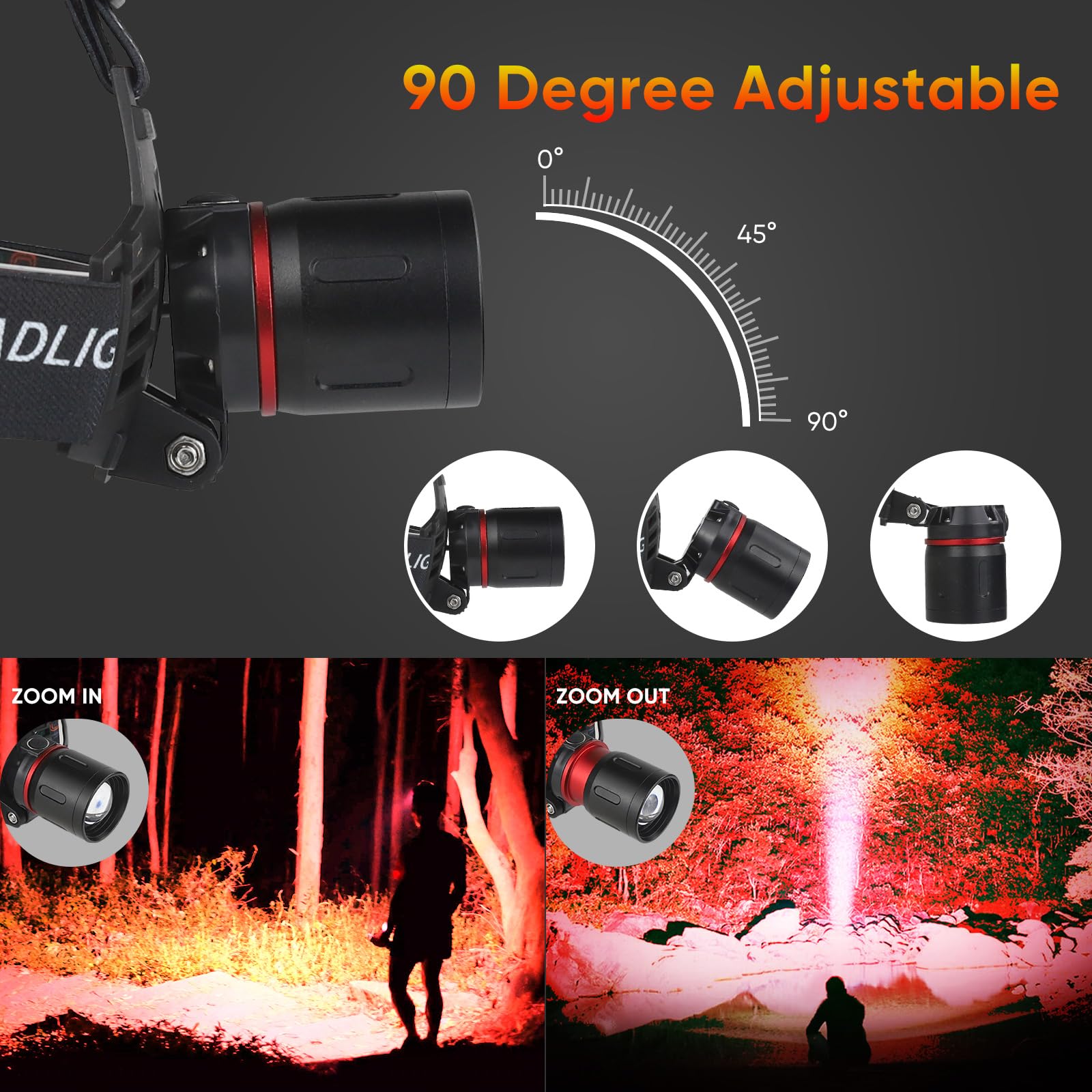 WINDFIRE Red Light Headlamp, Rechargeable Red Hunting Lights Headlight with 3 Lighting Modes, Zoomable, IPX4 Water Resistance Re