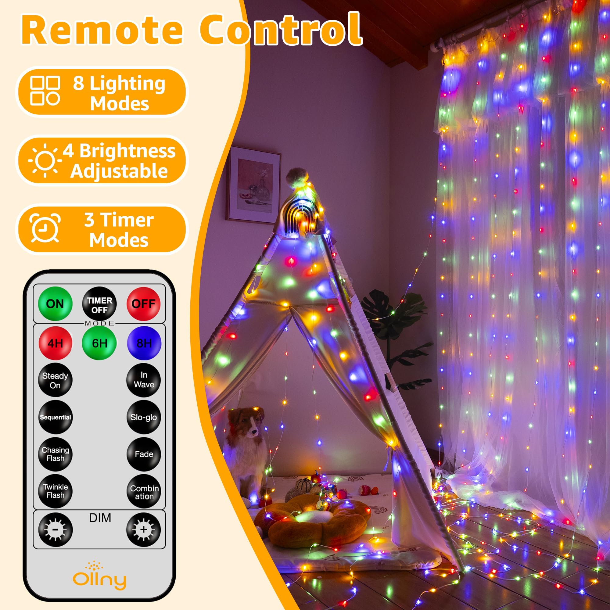 Ollny Curtain Lights 600Led 19.7Ft X 9.8Ft  Ip67 Waterproof Outdoor Curtain Rice Lights With Remote  Plug-In Untangle Fairy Light With 8 Modes 3 Timers For Wall Waterfall Backdrop Decor(Multicolored)