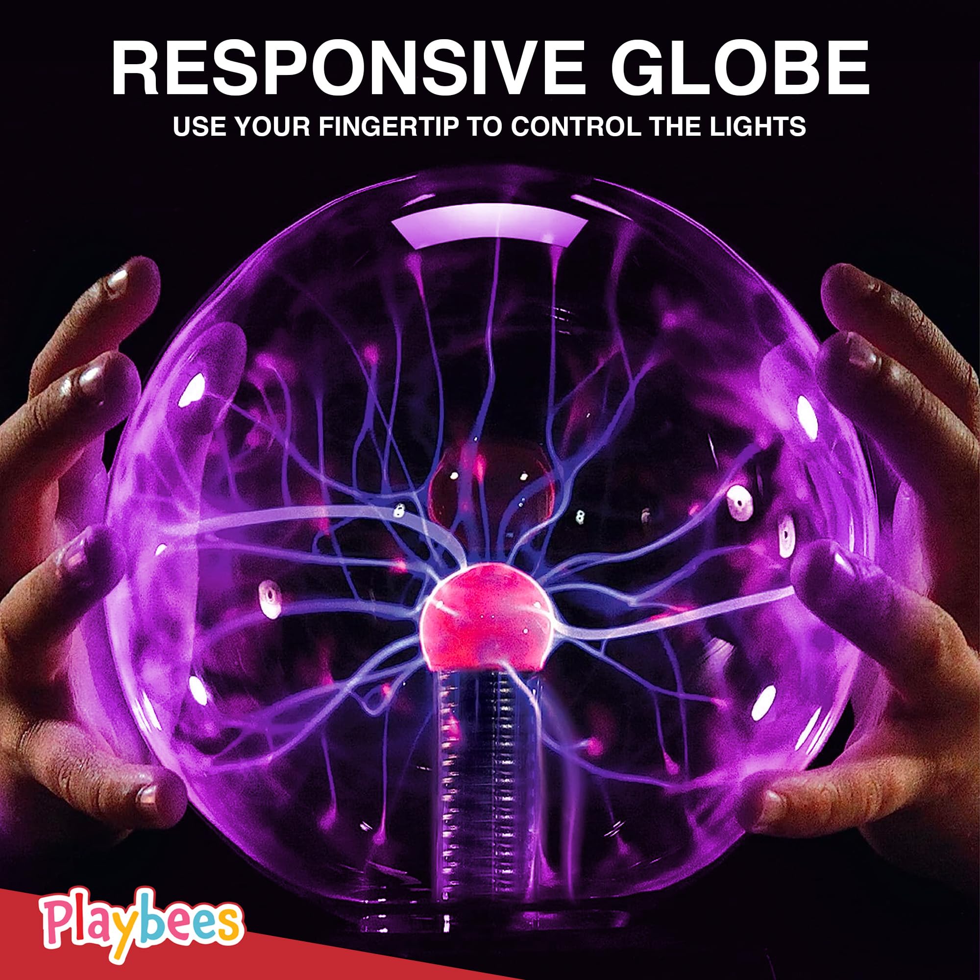 Playbees Colorful Plasma Ball - 7 Inch Glass Globe, Purple Tesla Coil Bulb with Static Electricity - Perfect for Parties & STEM Decor