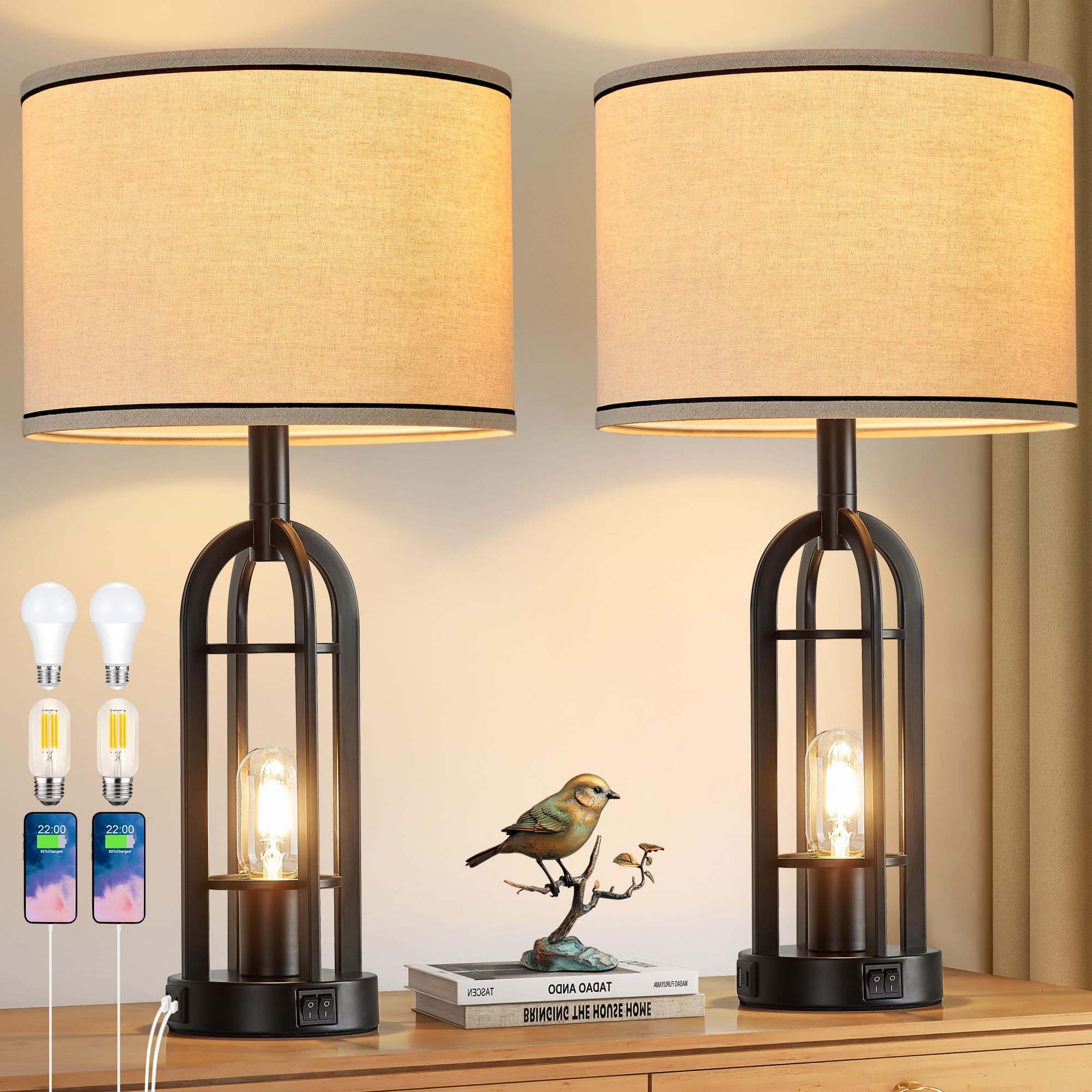 SRJJA Black Table Lamps for Living Room Set of 2 - Farmhouse Industrial Lamps for Night Stands with Night Light & USB A+C  24 Rustic Bedside Lamp for Bedroom  Bulbs Included
