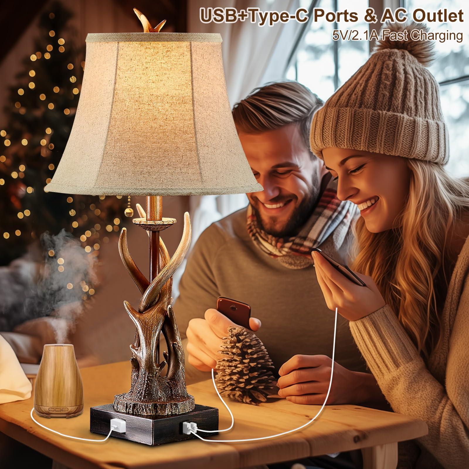Bowobo Antler Table Lamps Set Of 2 With Usb A+C Ports For Bedroom Farmhouse Deer Rustic Bedside Lamps With Bell Shade For Living