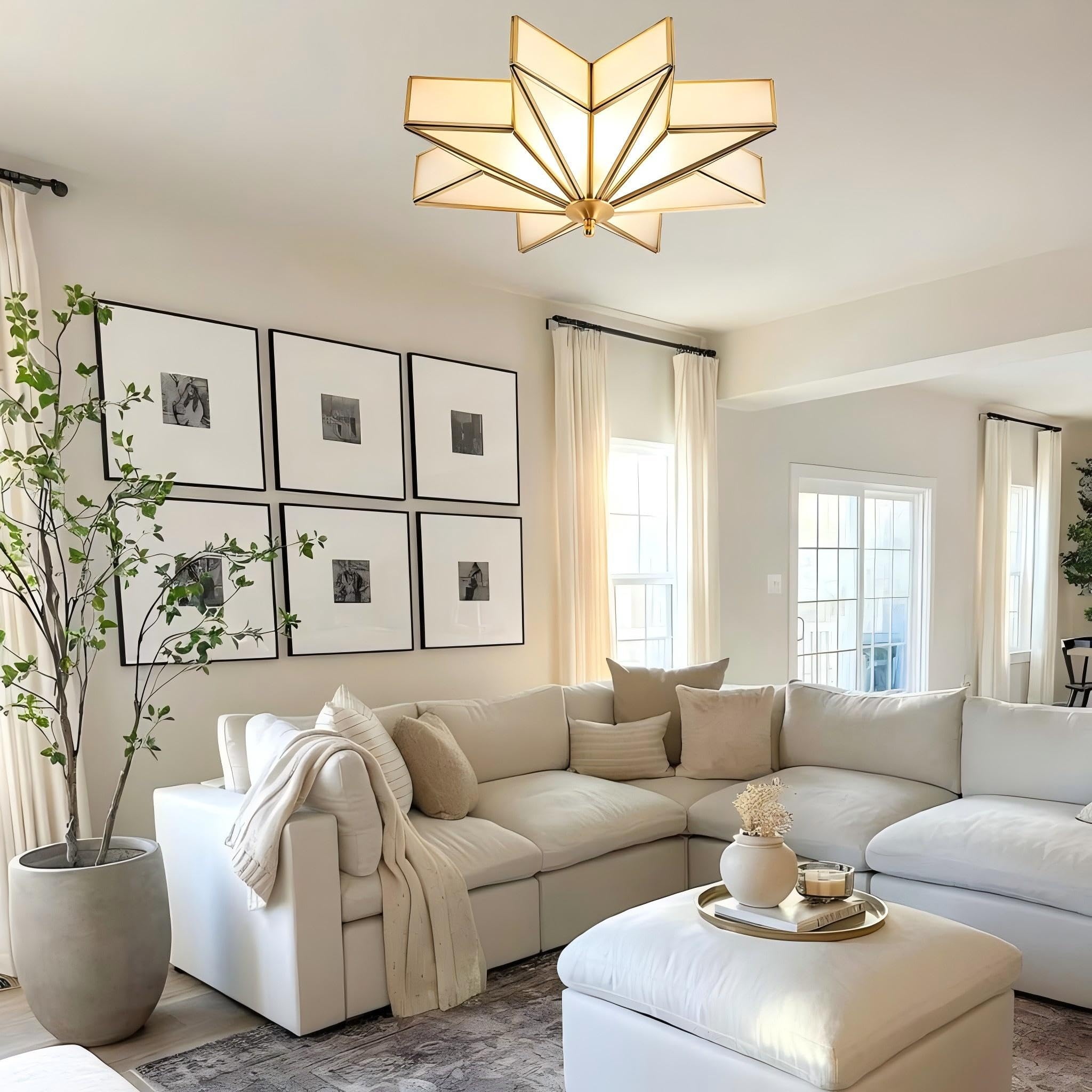 Lightland 19.7 Inch Flush Mount Star Ceiling Light, 4 Lights Brass Ceiling Lamp With Glass Lampshade, Art Deco Close To Ceiling