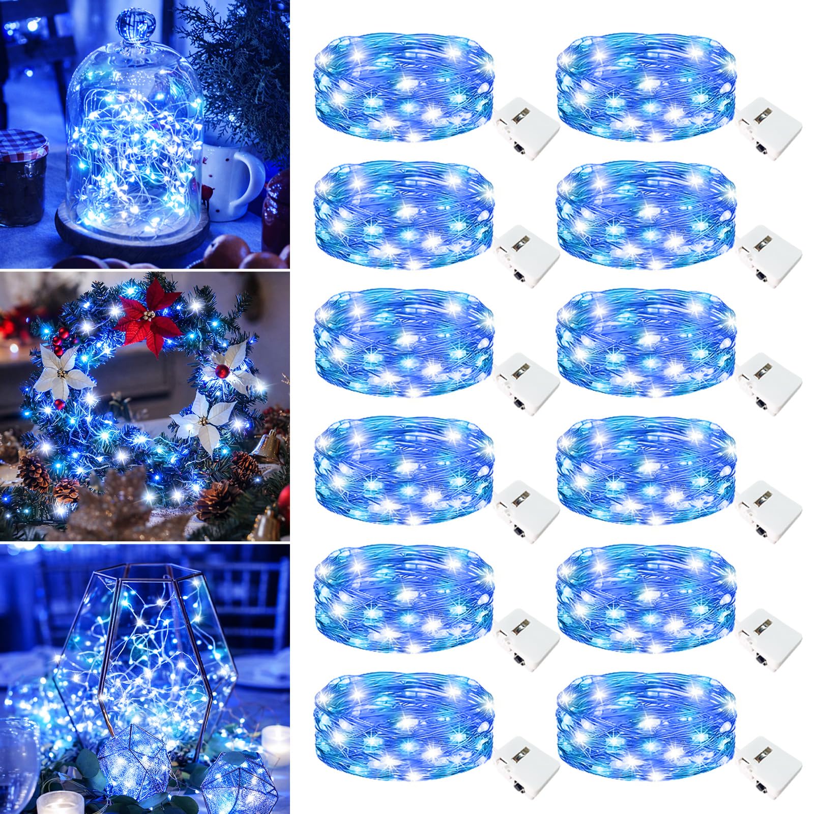 Fairdeer 12 Pack Fairy Lights Battery Operated - 7ft 20 Led Twinkle Lights 3 Modes  Bulk Mini String Lights Waterproof for Mason Jars Vases DIY Party Wedding Decoration Christmas -Blue and White