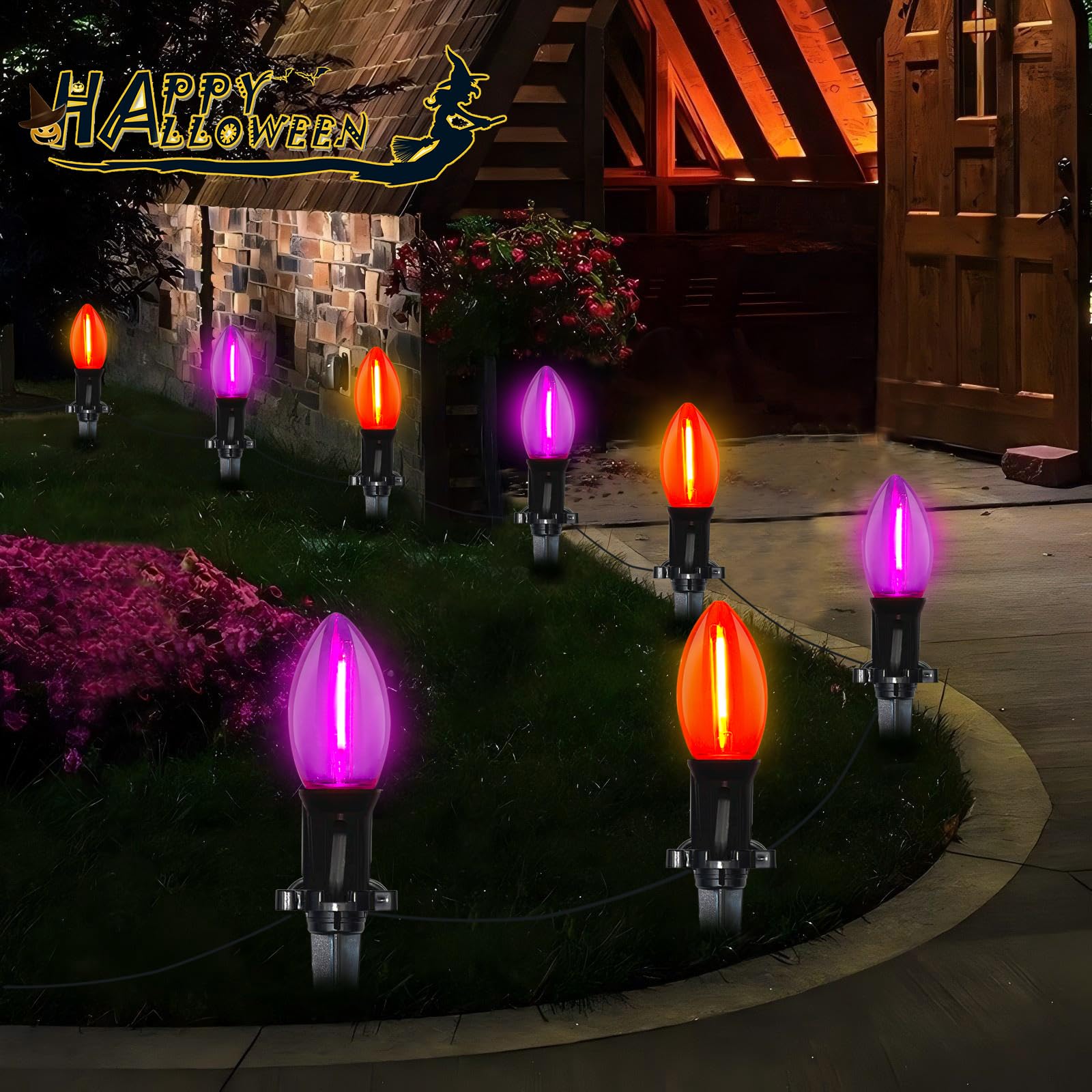 19.5Ft LED Halloween Pathway Lights Outdoor with 10 C9 LED Orange Purple Lights, Outdoor Halloween Decoration Pathway Marker Sta