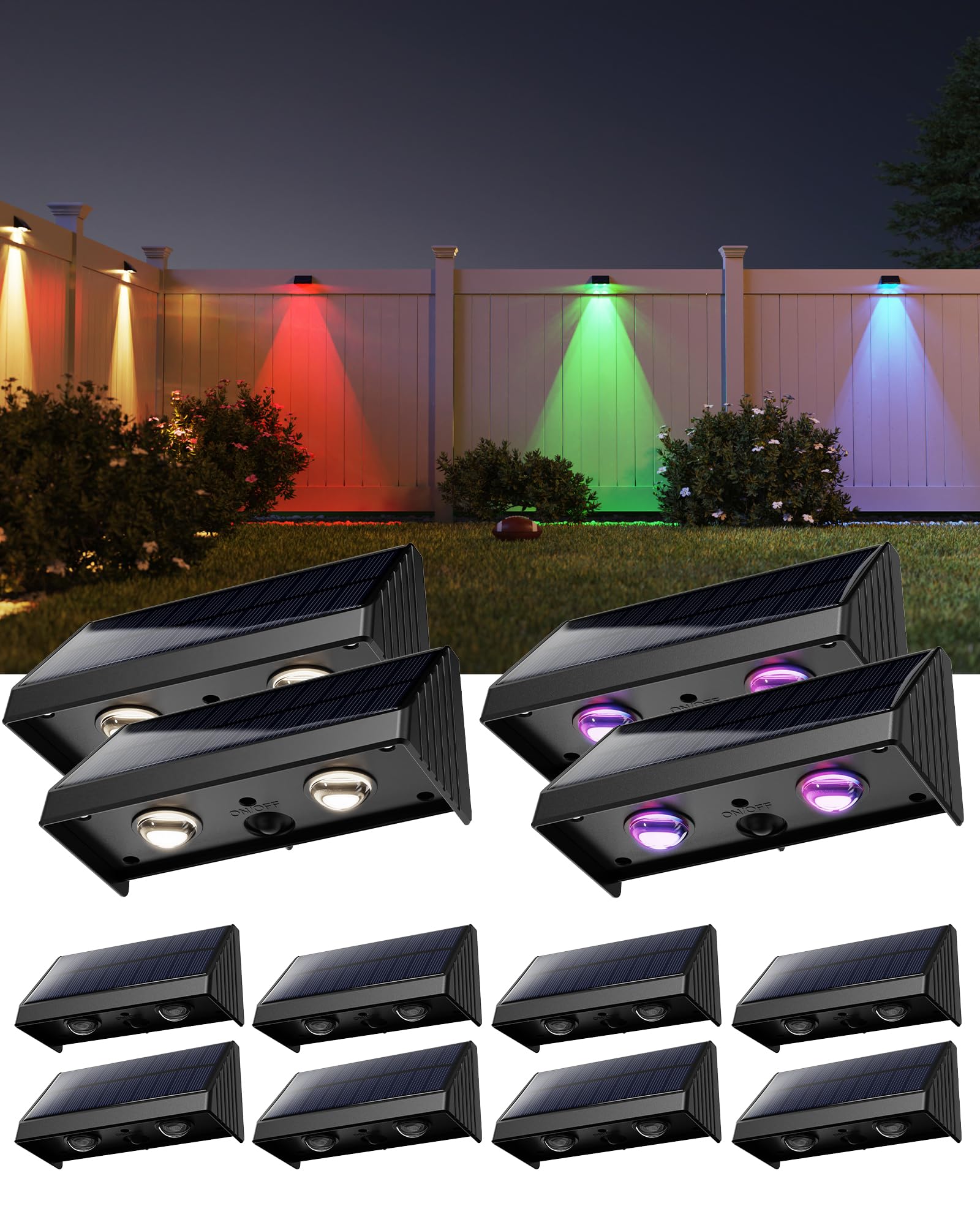 SUPERDANNY Solar Lights for Outside, RGB & Warm White Solar Fence Lights Outdoor Waterproof, 50 Lumen Lensed LEDs Fence Lights S