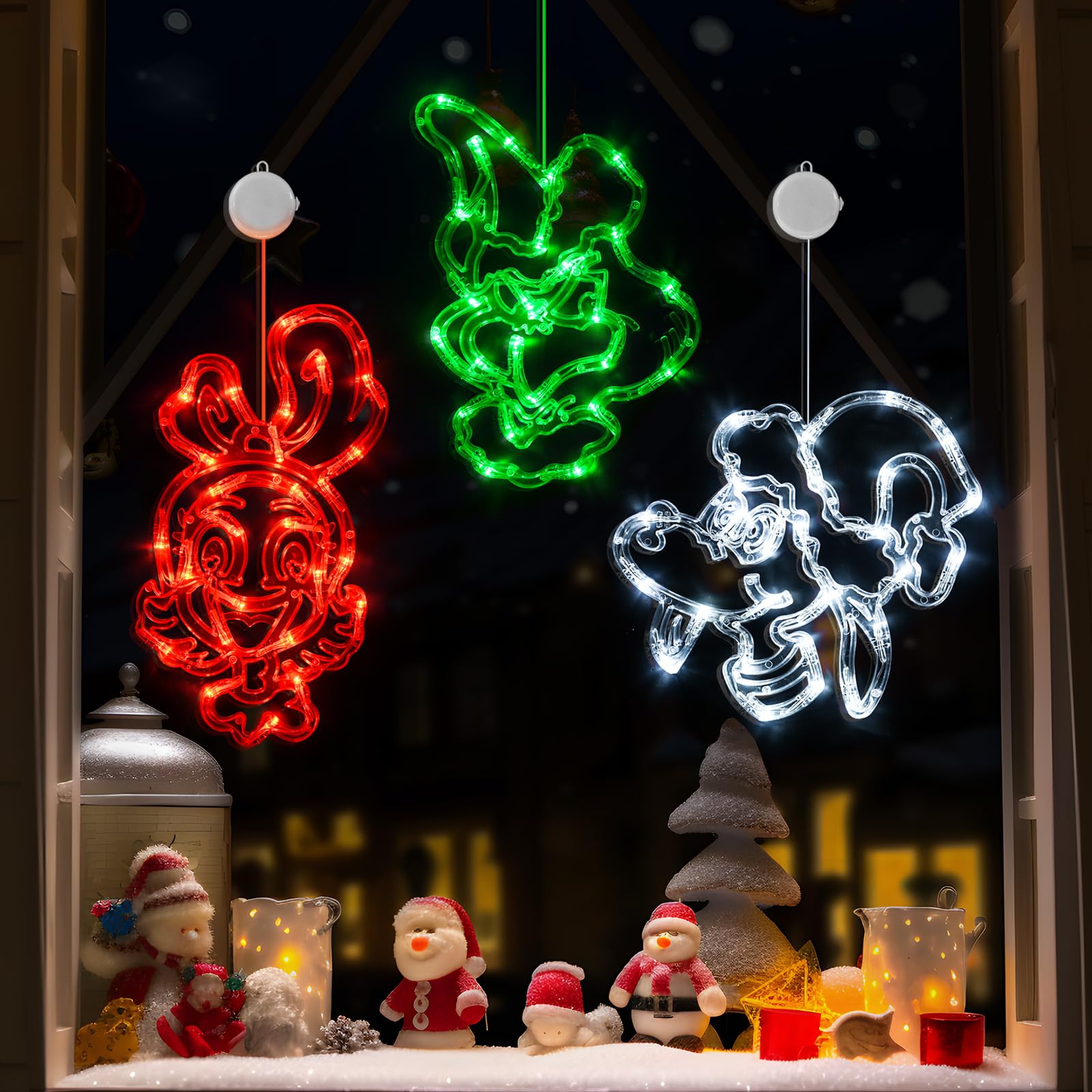FASISOY Christmas Decorations 3 Pack Red White Green Christmas Window Lights with Suction Cup, Battery Operated Christmas Lights