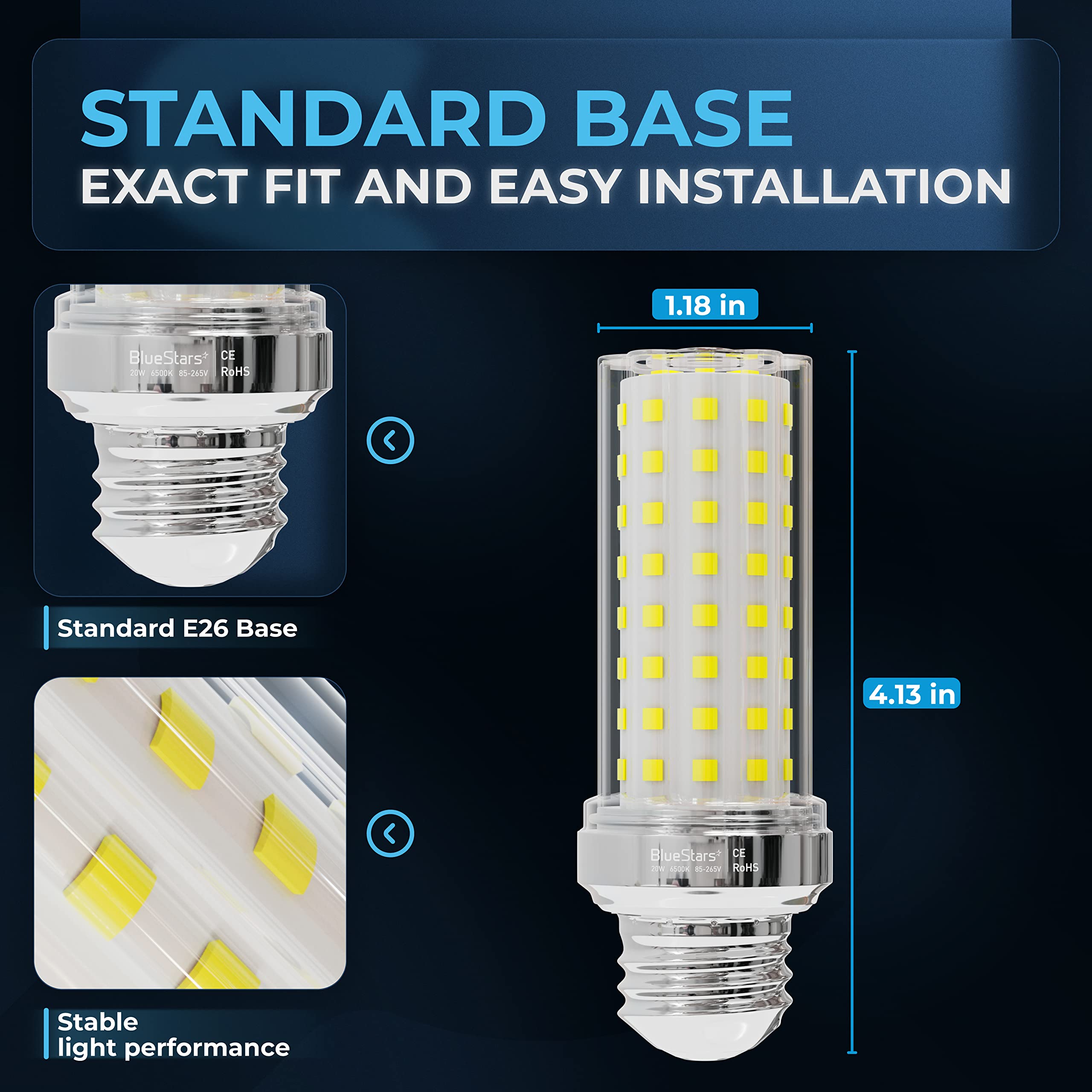 BlueStars LED Corn Light Bulbs, 150W Equivalent, 1600 Lumens, 20W E26 Base, 6500K Daylight White, Non-Dimmable, 4