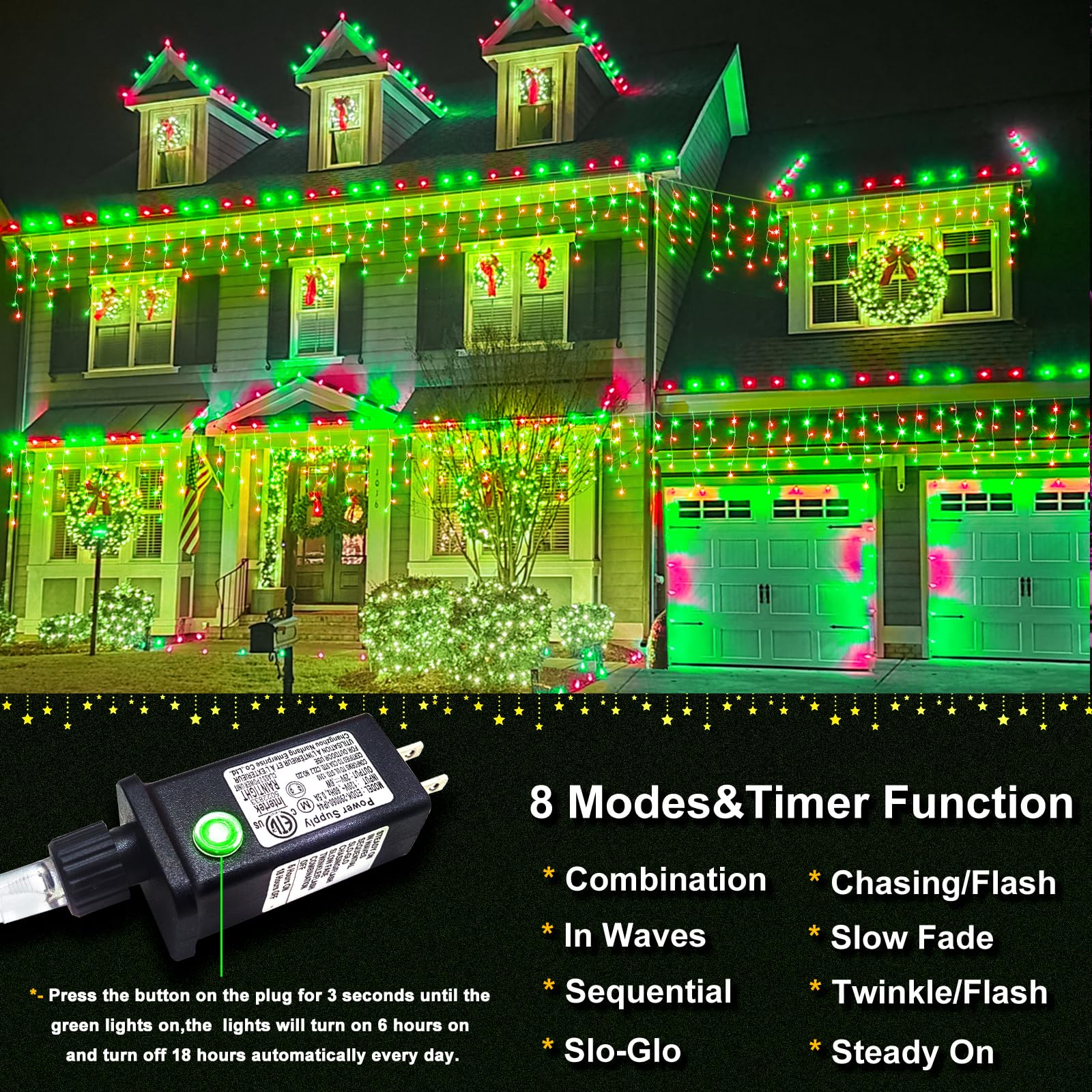 Einiiya Icicle Lights - 66ft 640 LED Red & Green Christmas Lights, Waterproof, 8 Modes, Model BG-CL3M3-306L01