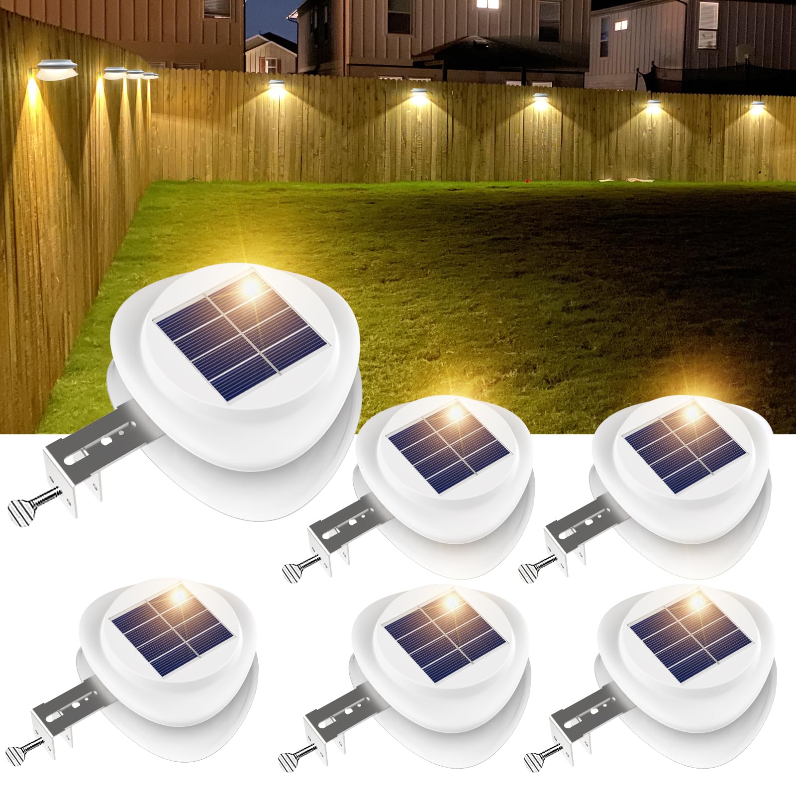 ROSHWEY Backyard Lights  6 Pack Solar Fence Lights with 9 LED Waterproof Outdoor Gutter Lights for Eaves Garden Landscape Yard (Warm White)