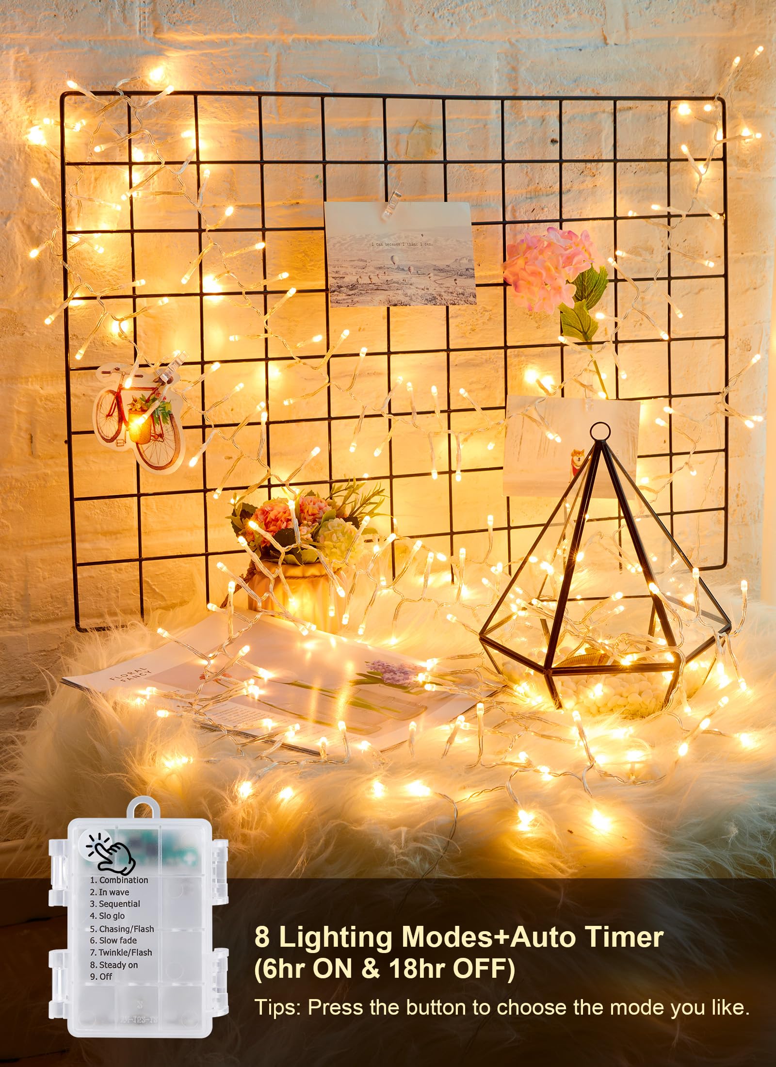 2 Pack Battery Operated String Lights Outdoor, 8Ft 120 Led Battery Powered String Fairy Lights With Time, 8 Modes, Waterproof Twinkle String Lights For Outside Indoor Bedroom Tree Wedding, Warm White