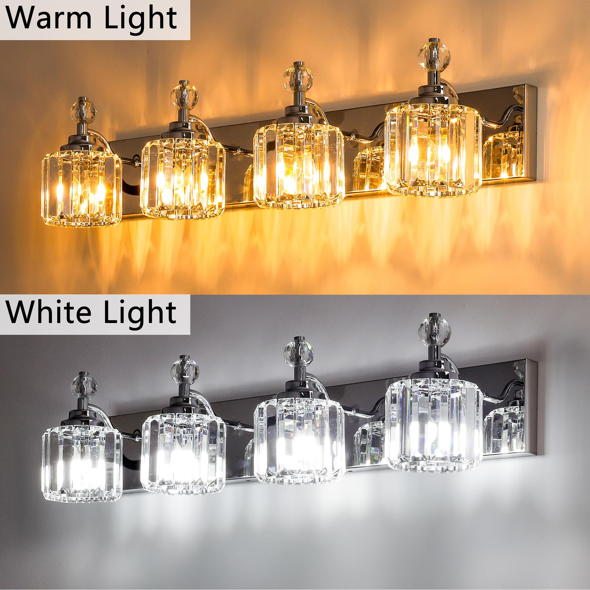 Danshinro 4-Light Chrome Bathroom Vanity Light with Crystal Sheets, E12 Base, Model L19