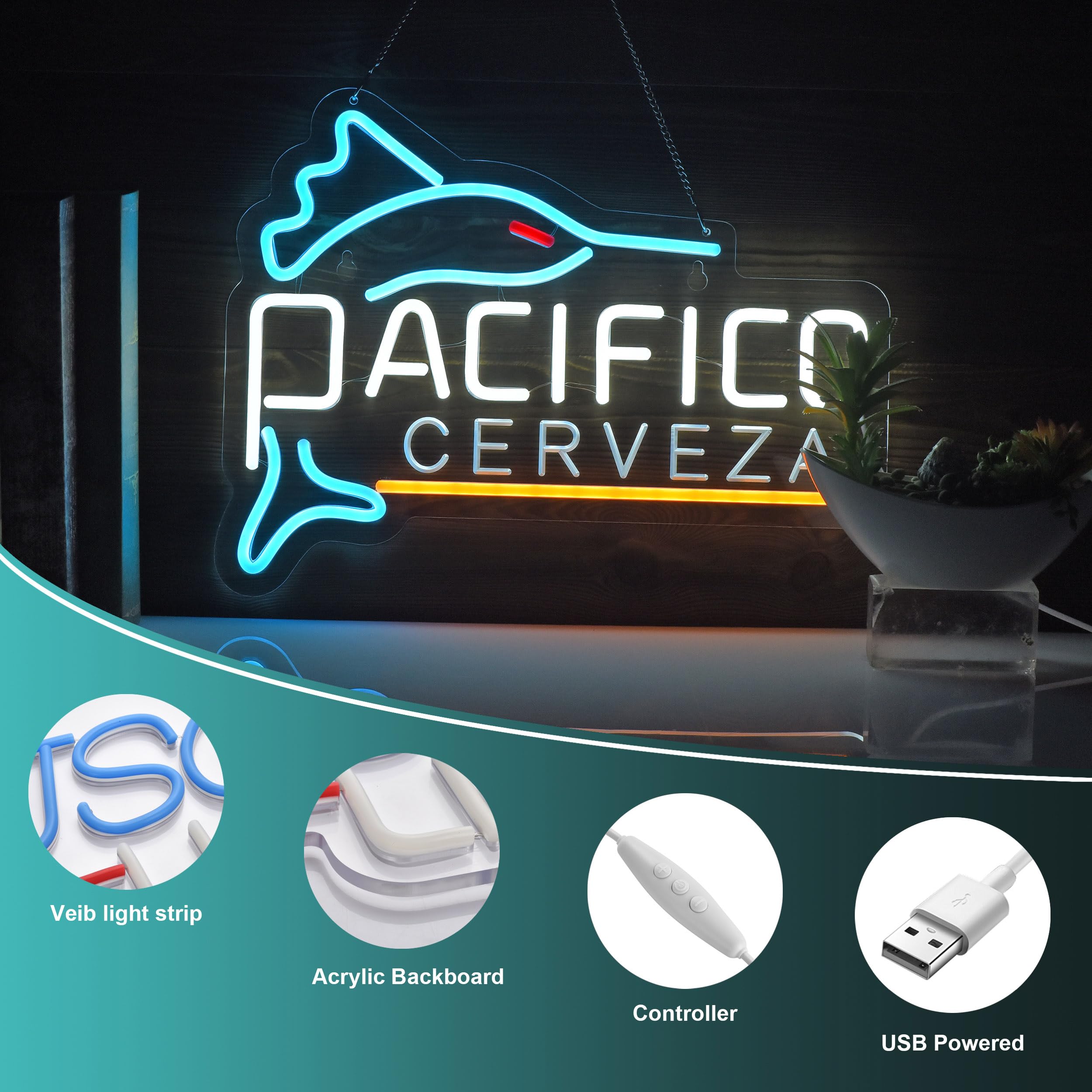 Yooyneon Pacific Neon Sign Beer Bar Cerveza Swordfish Art Man Cave Neon Light With Dimmable Switch Led Neon Signs For Bedroom Home Room Wall Artwork Decor