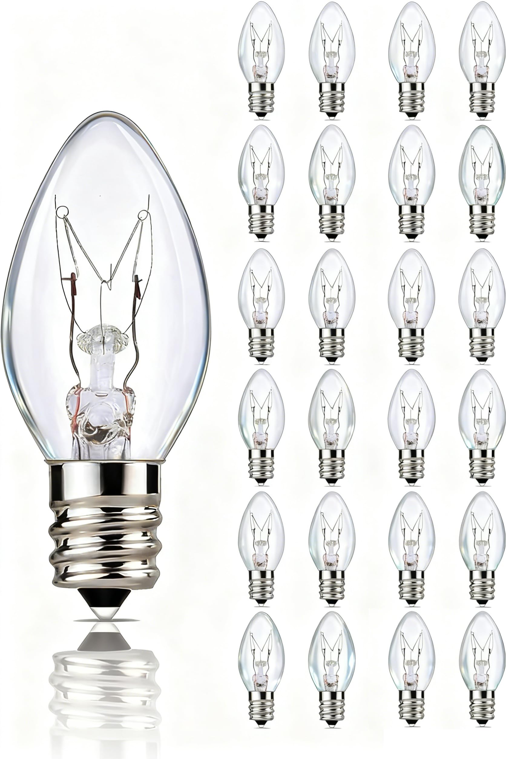 25 Pack C7 Clear Replacement Light Bulbs  E12 Candelabra Base 5W Warm White Incandescent Bulbs for Indoor Outdoor Christmas String Lights  Night Lights  Christmas Village Houses  Window Candles Decor