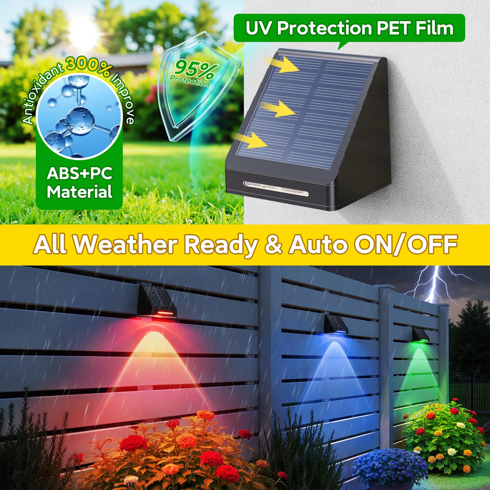 BUCASA Solar Fence Lights, Waterproof RGB Color Changing, 12 Pack, Black, Model TDL023, Dusk to Dawn Deck Lighting