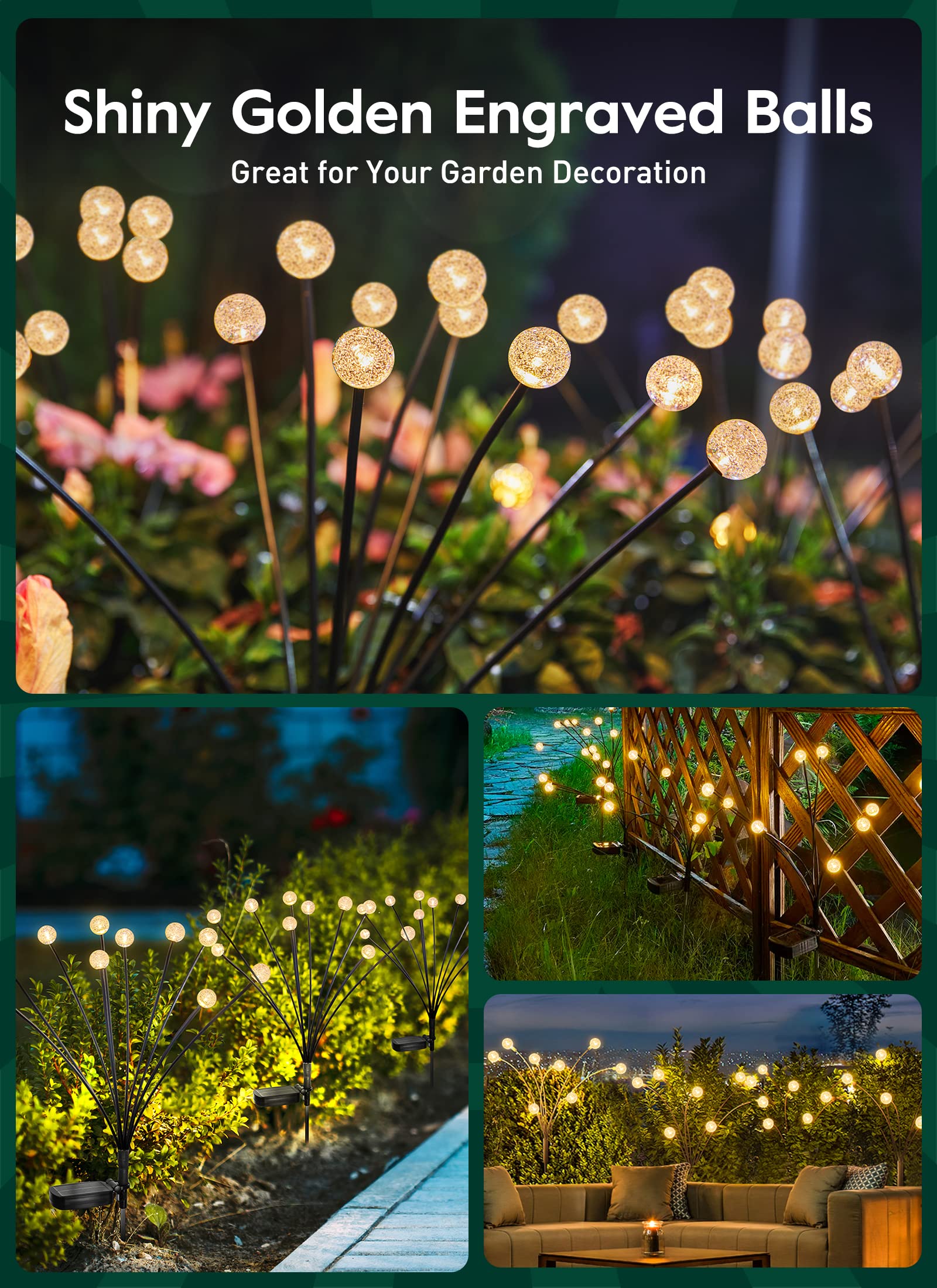 Brightown Solar Garden Lights - 4 Pack 12 LED Waterproof Crystal Firefly Lights, Warm White, Model HLS-W-XXXWW-S