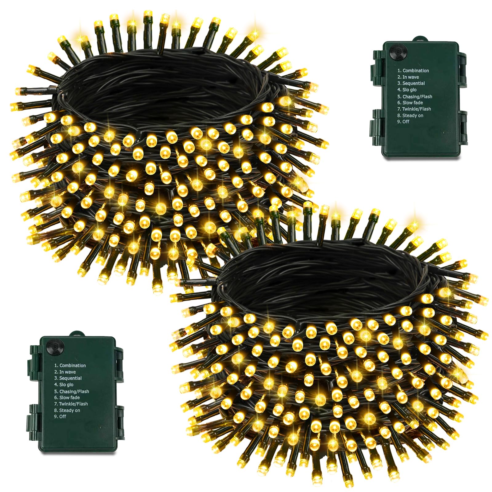 2 Pack Battery Operated Christmas Lights With Timer  66Ft 200 Led Waterproof Battery Twinkle Light  8 Modes Green Wire Fairy Lights For Indoor & Outdoor Bedroom Tree Christmas Decorations (Warm White)
