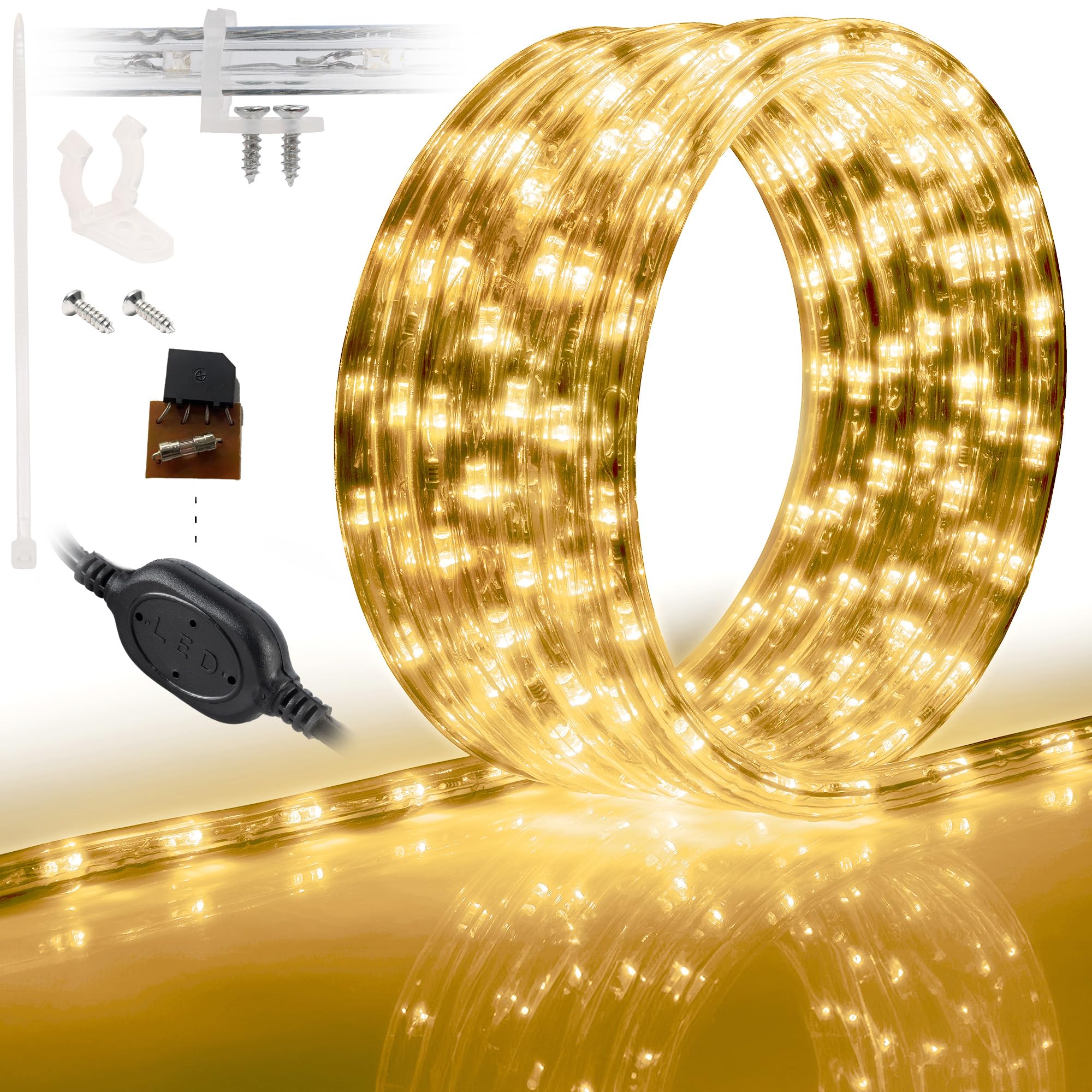 WYZworks 10ft LED Rope Lights, Permanent Outdoor Waterproof Connectable Flexible w/Clear PVC Tube, ETL Certified, Festive Holiday Christmas Lighting Garden Accent Lounge Terrace Decor - Warm White