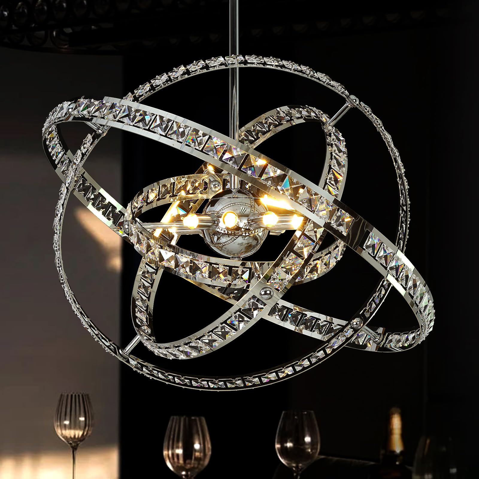 MEEROSEE Crystal Chandeliers Modern Sphere Orb Chandelier Globe Cage Round Pendant Lights Fixtures Lighting Dining Room Contempo