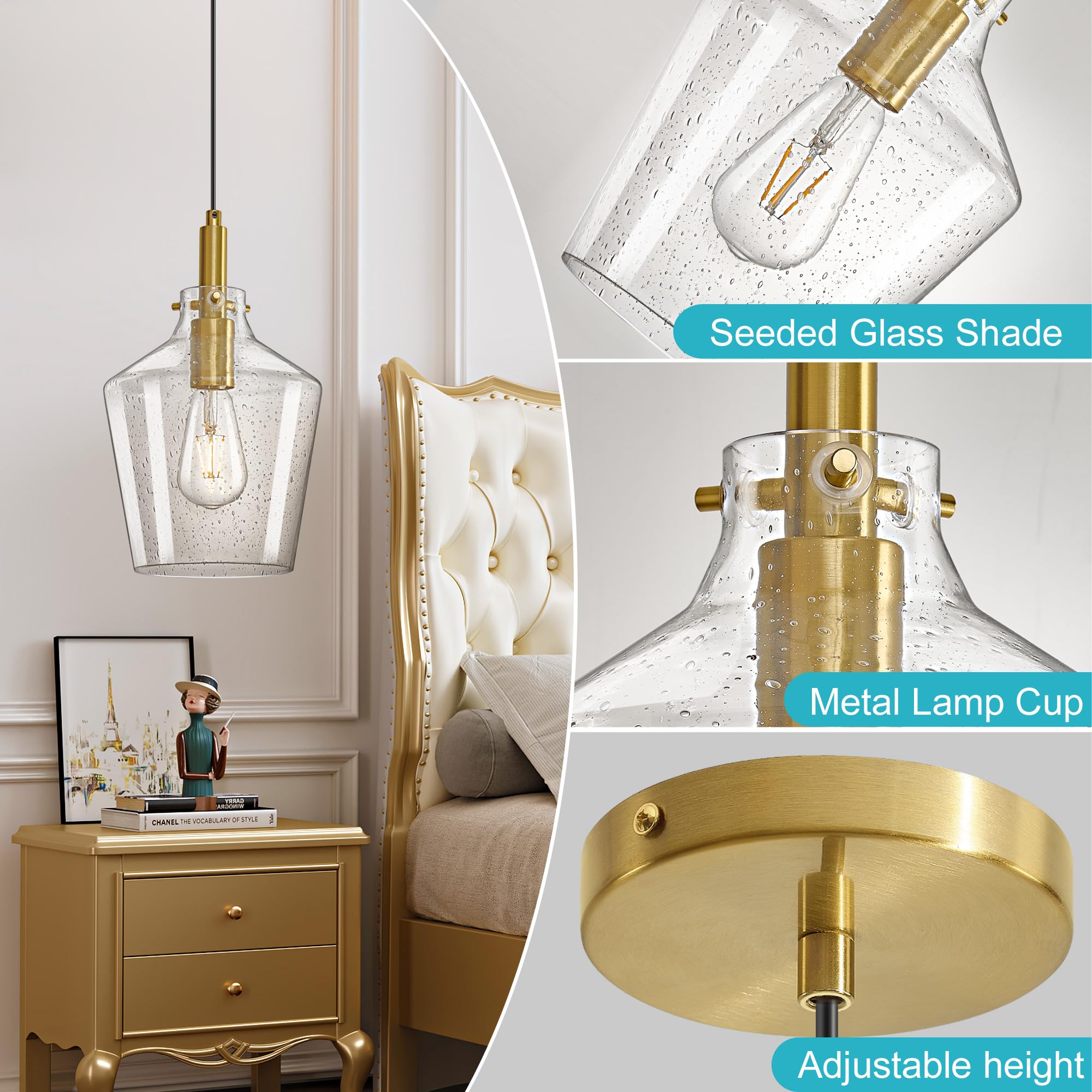 Vaziden Modern Seeded Glass Pendant Lighting For Kitchen Island 1 Pack  Farmhouse Gold Pendant Light Fixtures  Height Adjustable Ceiling Pendant Light  Angled Seeded Glass Shades 8 Inch