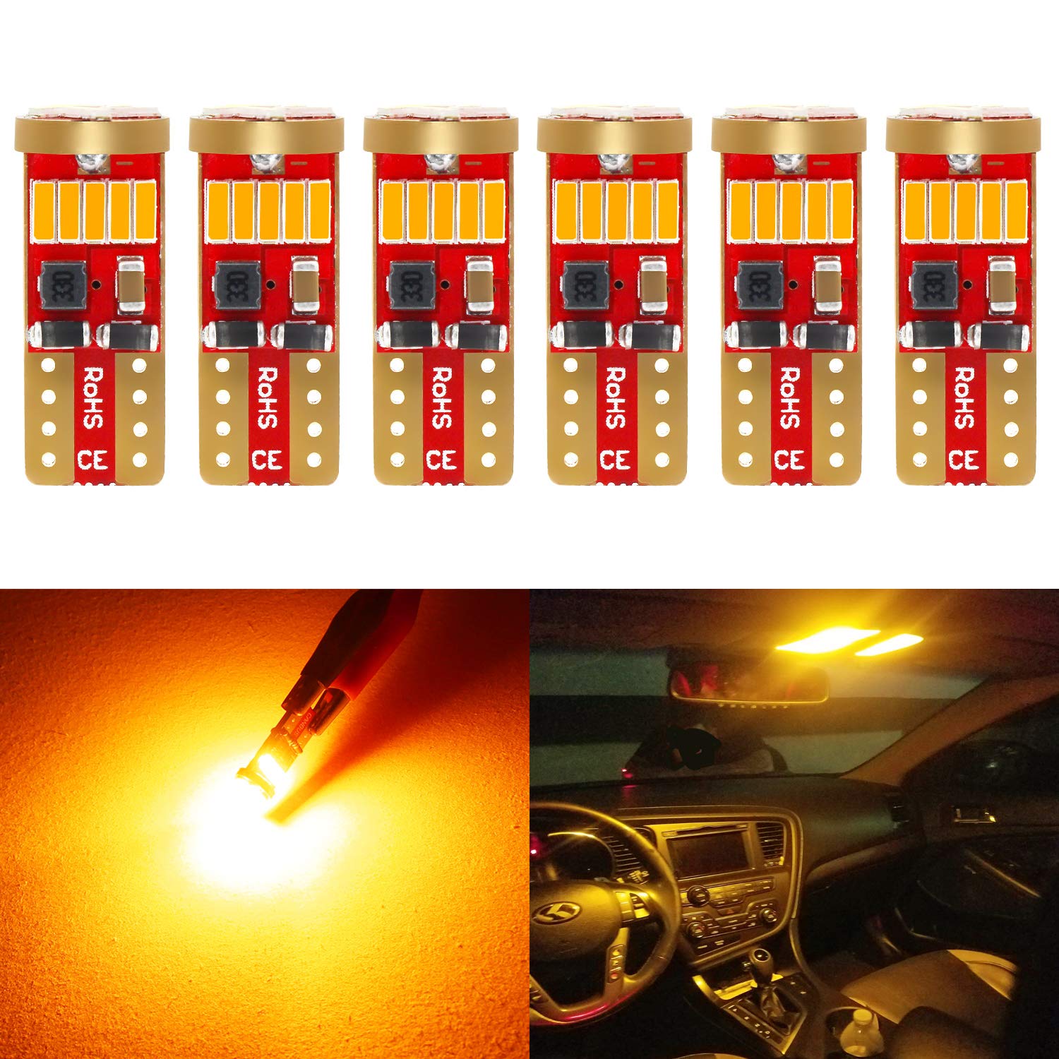 PHINLION 194 LED Bulbs Pack of 6, Amber Yellow, Super Bright Miniature Wedge Replacement for Interior Dome and Signal Lights