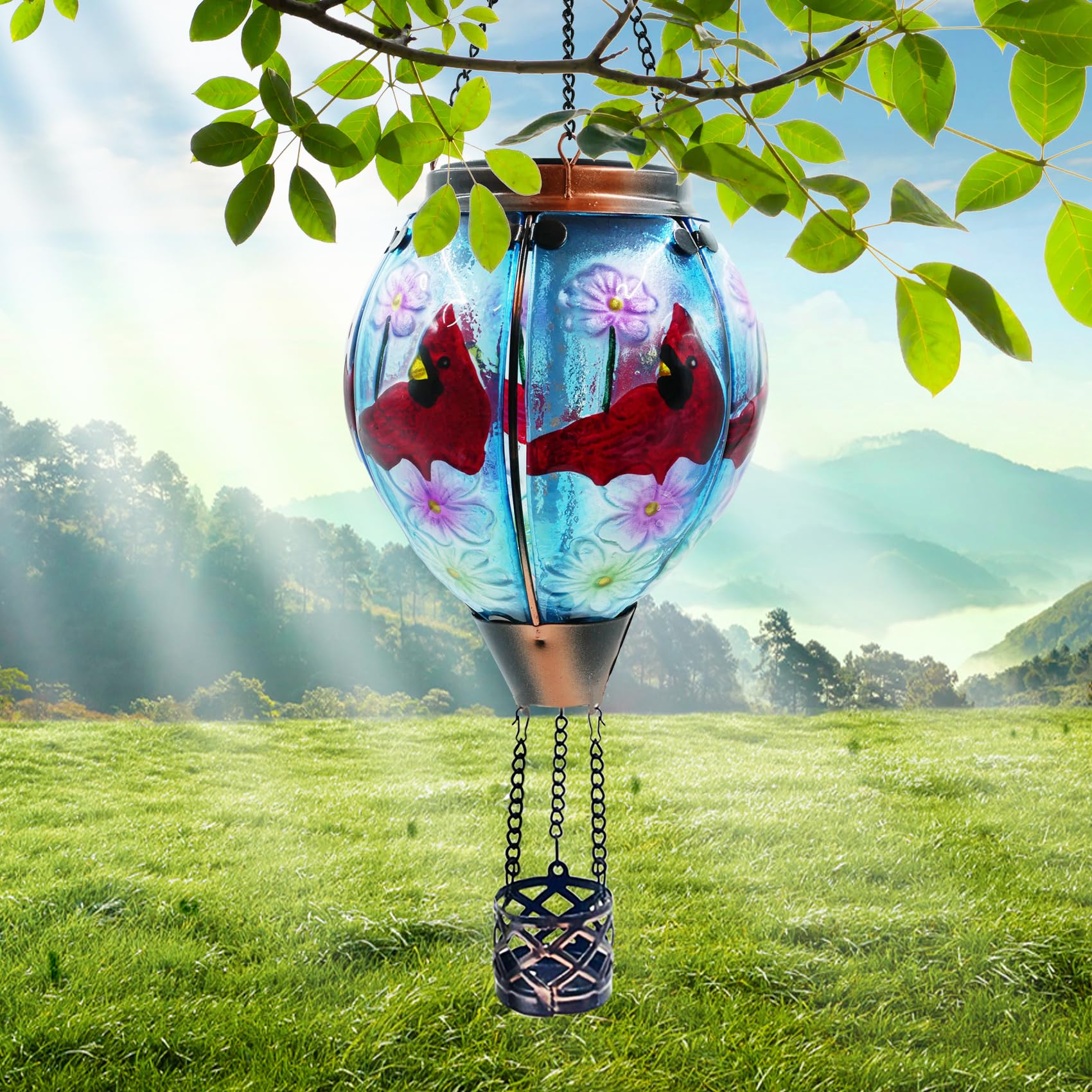 teyigarden Solar Lantern Glass Hot Air Balloon Flickering Light Waterproof Cardinal