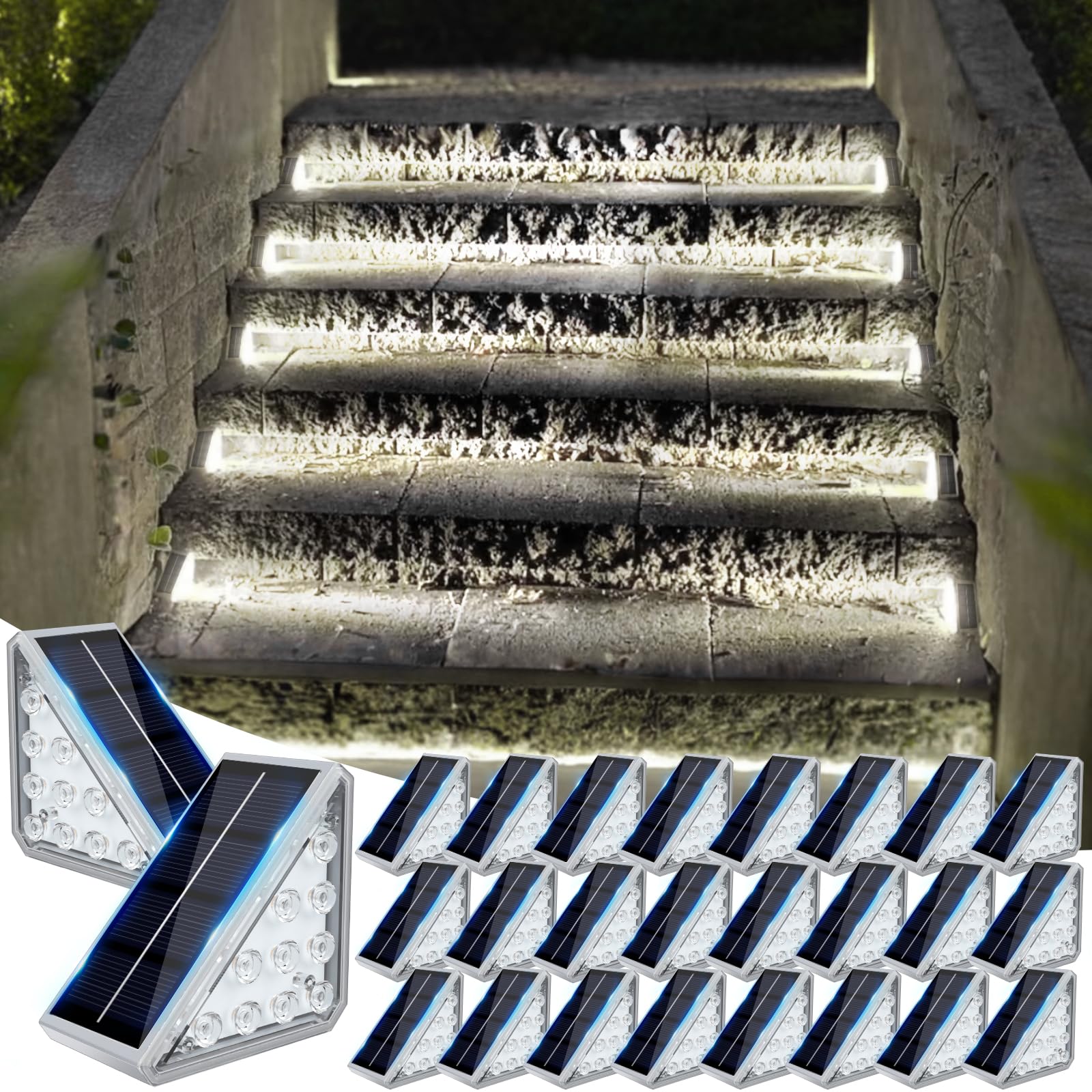 JOFIOS Solar Step Lights Outdoor, 24pack Waterproof IP67, Cool White, Model 61204, Stair and Deck Lights